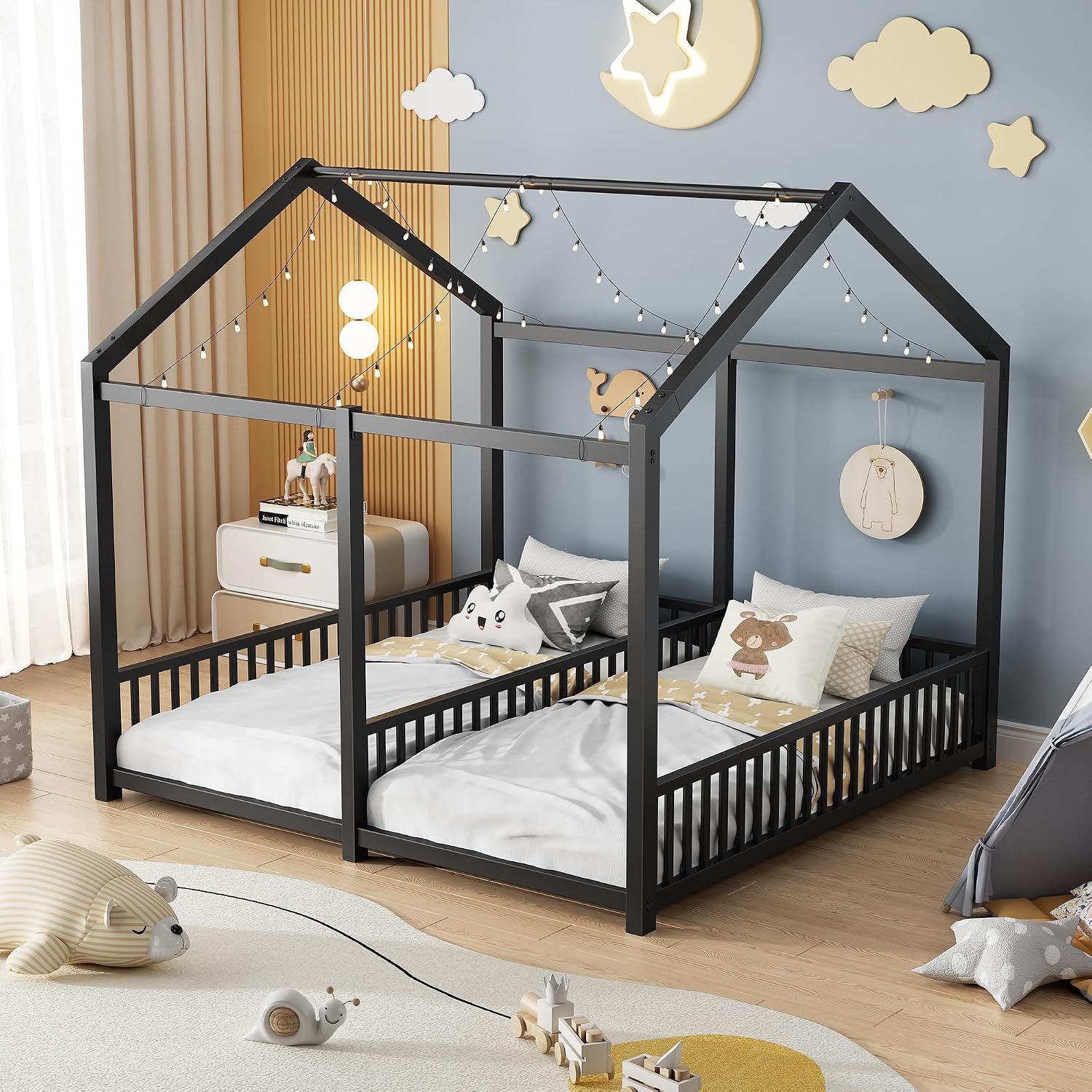 PVWIIK Double Montessori Floor Bed with Fence & Roof,Easy Assemble Bed Frame for Two Kids Teens Boys Girls,Twin Floor Bed, Black