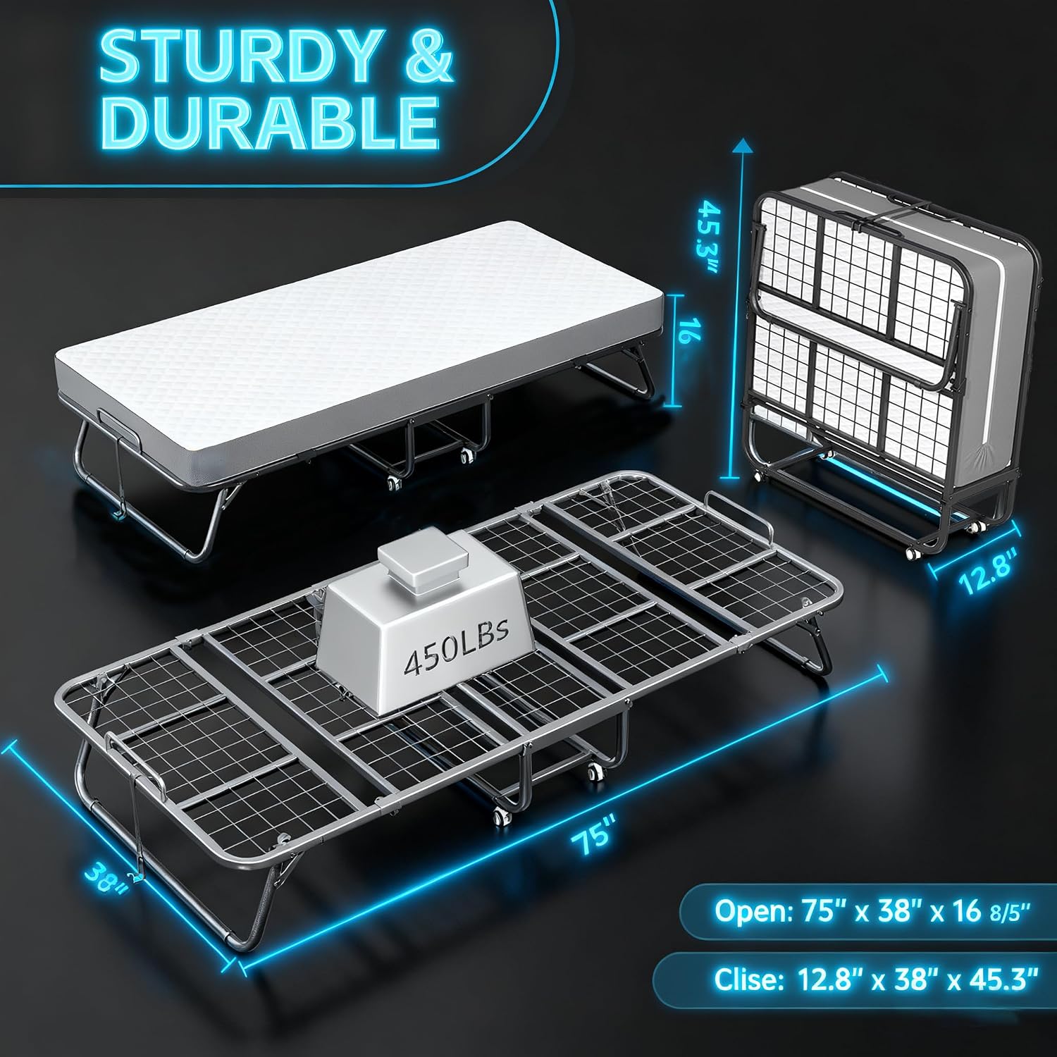 Pataku Folding Bed with Mattress, Twin Foldable Bed, Roll Away Beds for Adults, 75' x 38' Roll Away Portable Beds with 5' Mattress, Folded Frame for Small Apartment, Guest Room