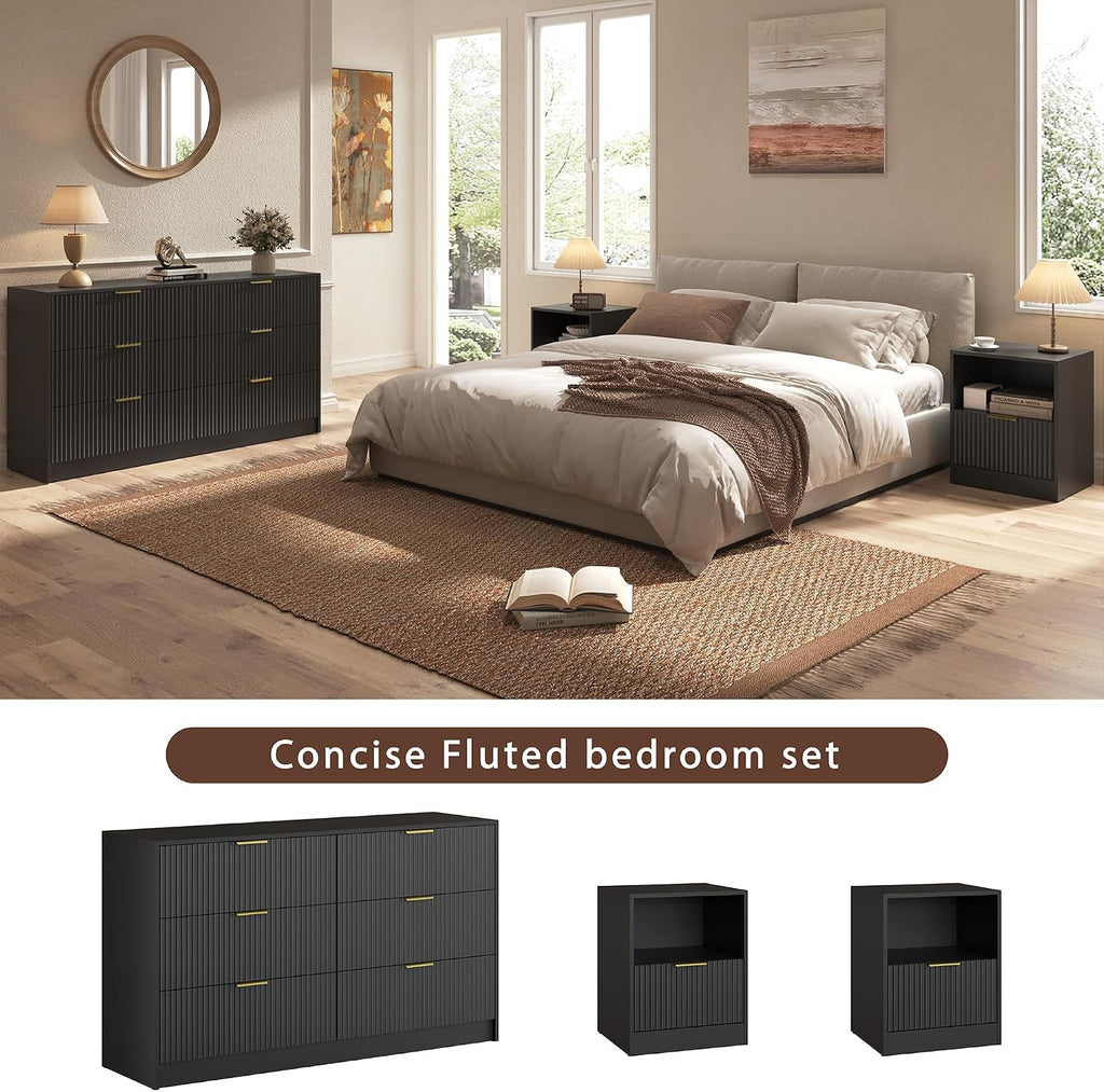 3-Piece Modern Bedroom Furniture Set, Wide 6-Drawer Dresser & 1-Drawer Nightstands Set of 2, Natural Wood Dresser and Nightstand Sets for Bedroom, Hallway, Black