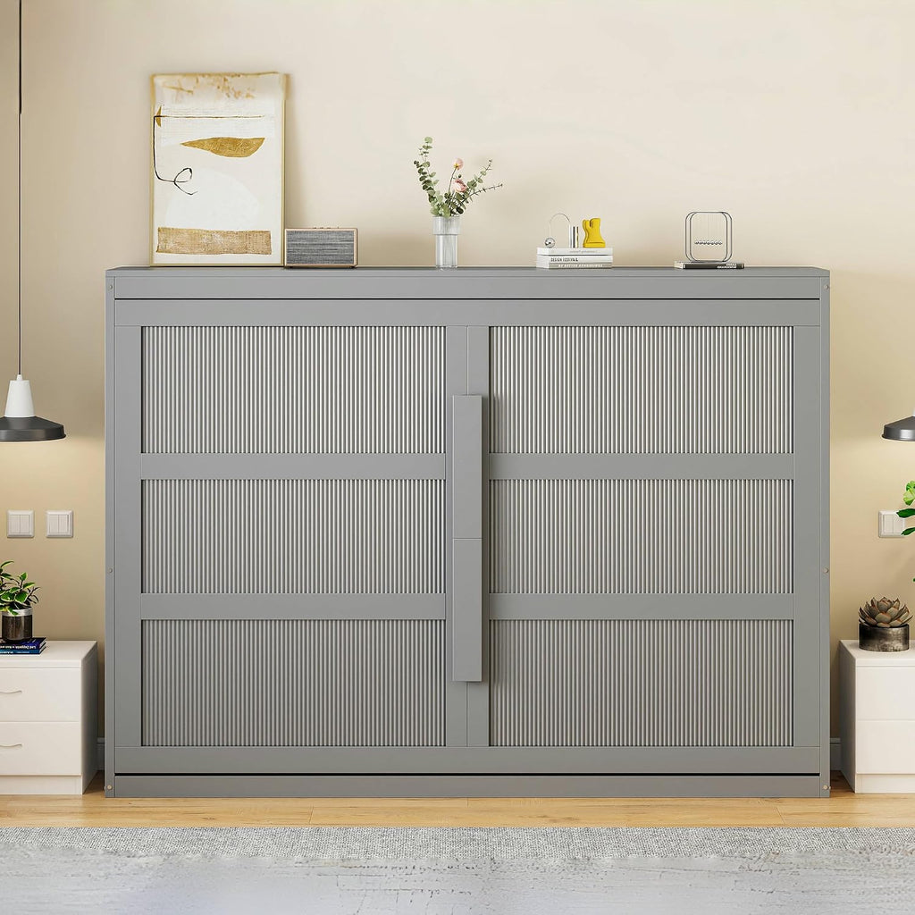 Harper & Bright Designs Queen Size Murphy Bed, Wooden Queen Wall Bed Modern Design with LED Lights, Gray