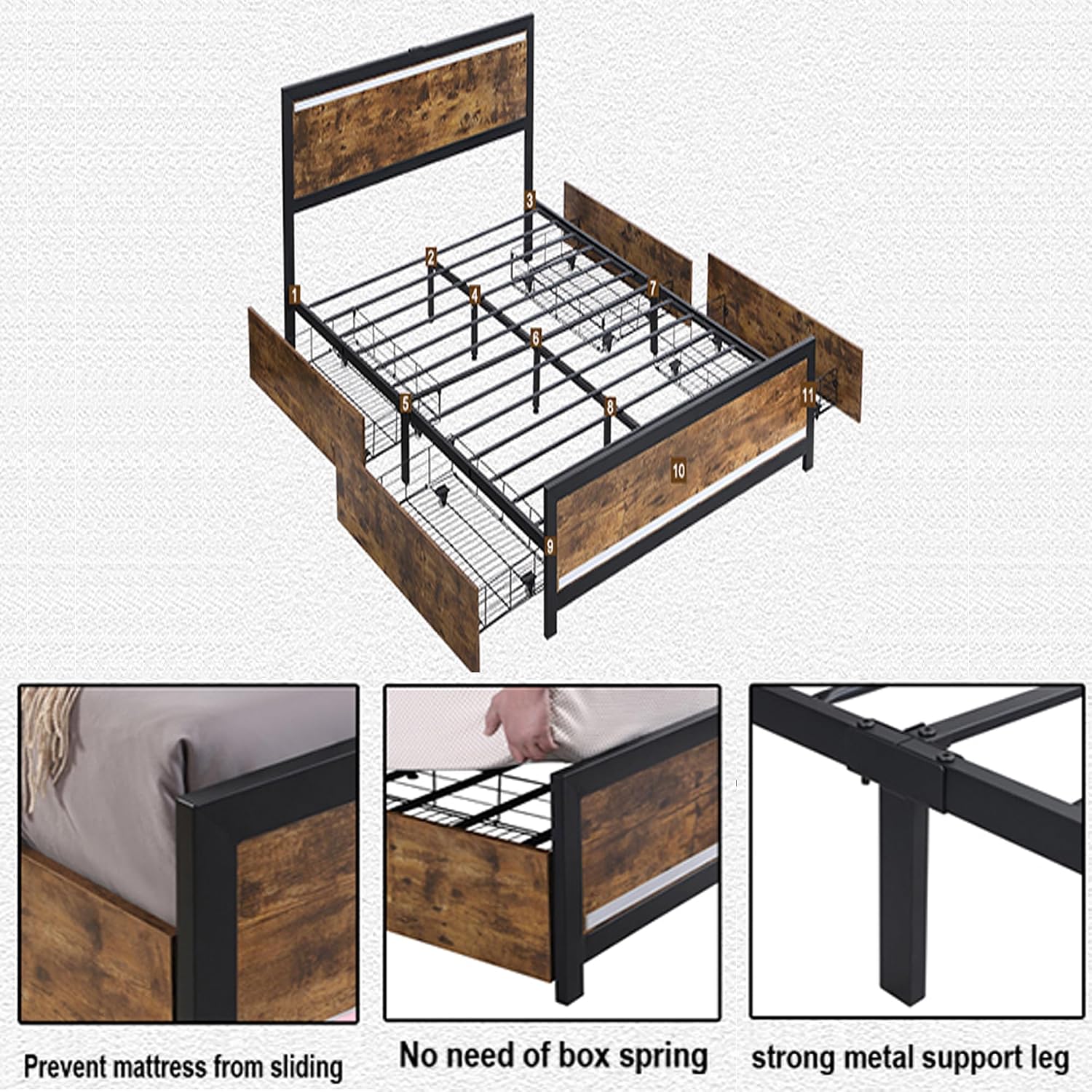 Ailisite Farmhouse Twin Size Bed Frame with Storage and 4 Drawers, Rustic Led Bed Frame with Headboard and Charging Station, Metal Twin Platform Bed Frame No Box Spring Needed, Noise Free, Brown