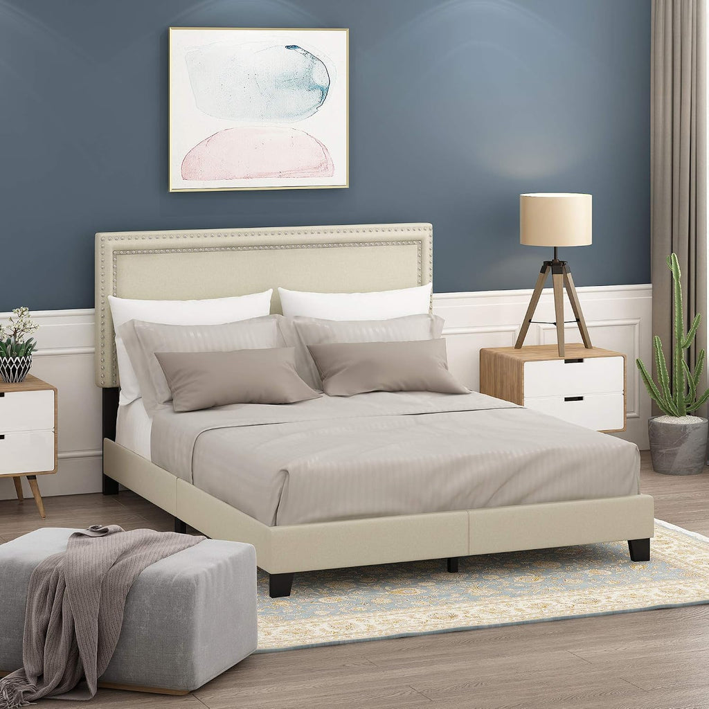 Furinno Laval Double Row Nail Head Upholstered Platform Bed Frame, Queen, Linen