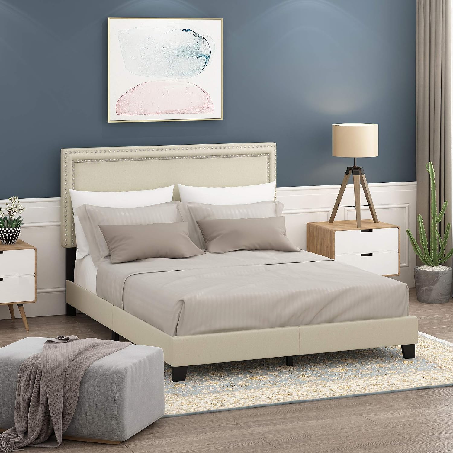 Furinno Laval Double Row Nail Head Upholstered Platform Bed Frame, Queen, Linen