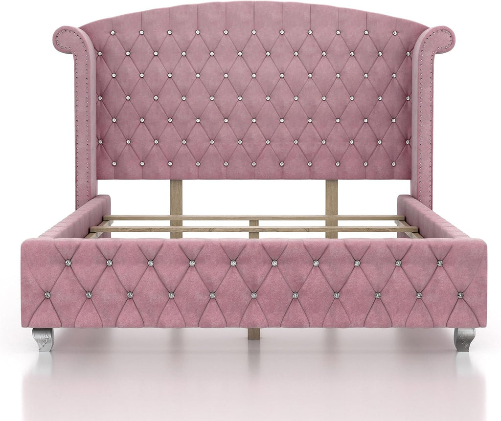 Furniture of America FOA Cyndi 3pc Pink Fabric Bedroom Set- Full + 2 Nightstands and Care Kit