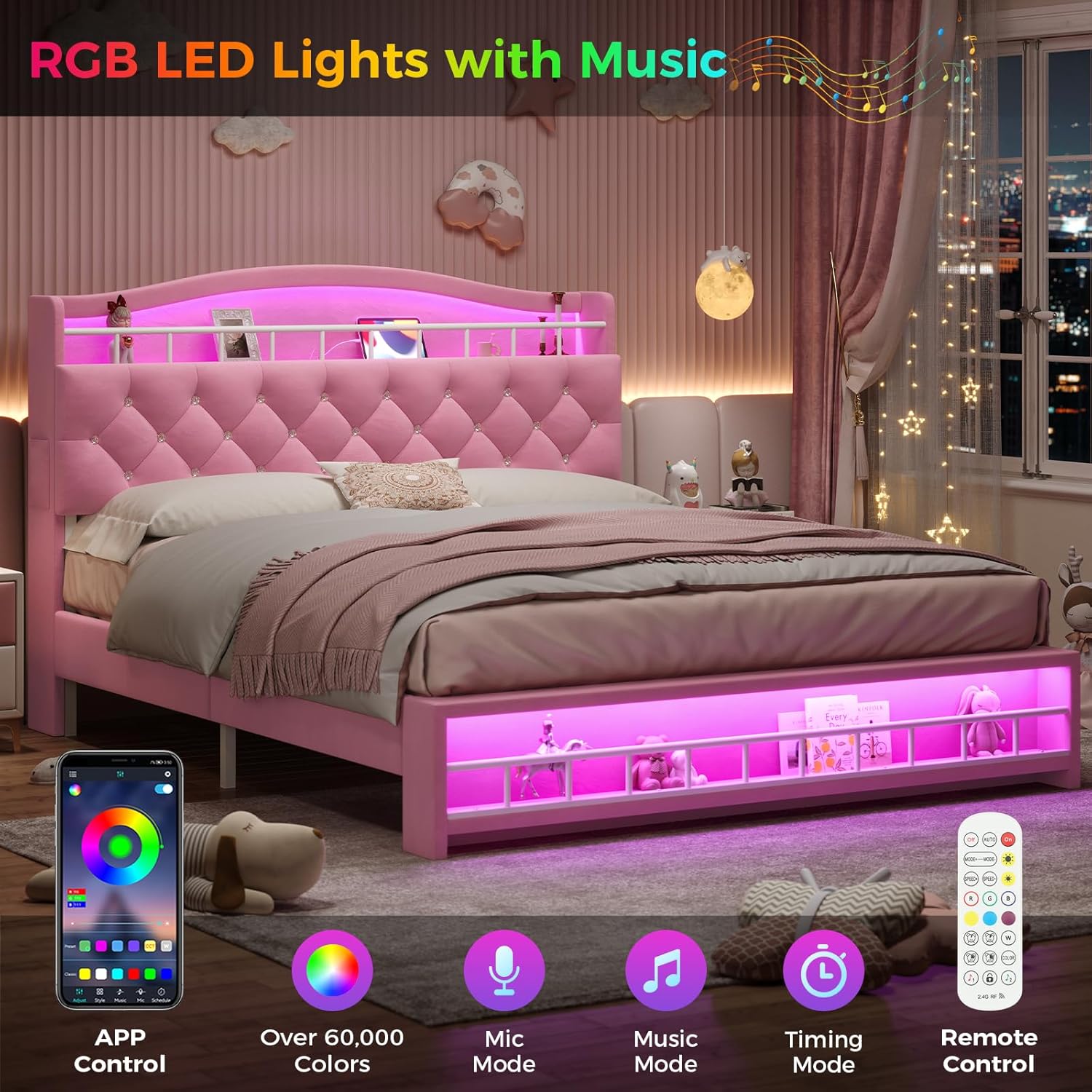 BTHFST Full Szie Girls Bed with LED Lights & Charging Station, Princess Full Size Bed Frame with Hidden Storage Headborad, Sturdy Platform Bed, No Box Spring Needed/Noise-Free/Easy Assembly, Pink