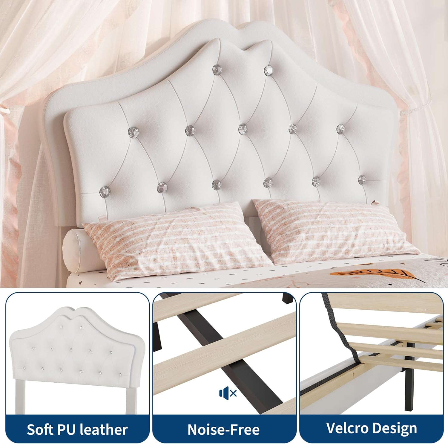 Garvee Twin Size Bed Frame with LED Lights & Velvet Crystal Button Headboard, Upholstered Boy/Girl Platform Bed with Storage Drawer, Noise Free, No Box Spring Needed for Kids, Teens, Beige