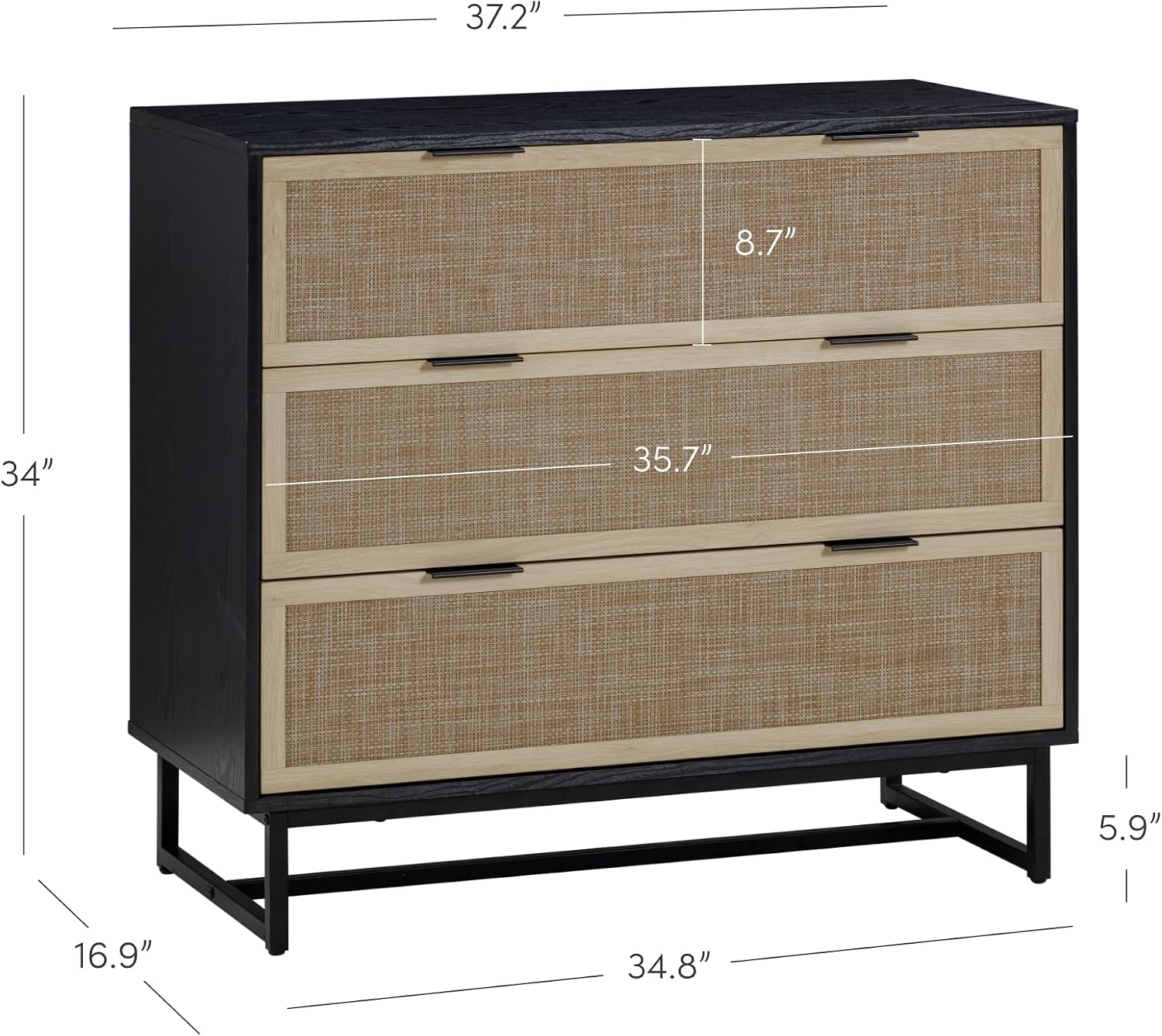 Nathan James Kova Boho Dresser or Storage Cabinet with Drawers for Bedroom or Nursery with Textilene Rattan Accent and Metal Legs, Black Oak, Set of 2