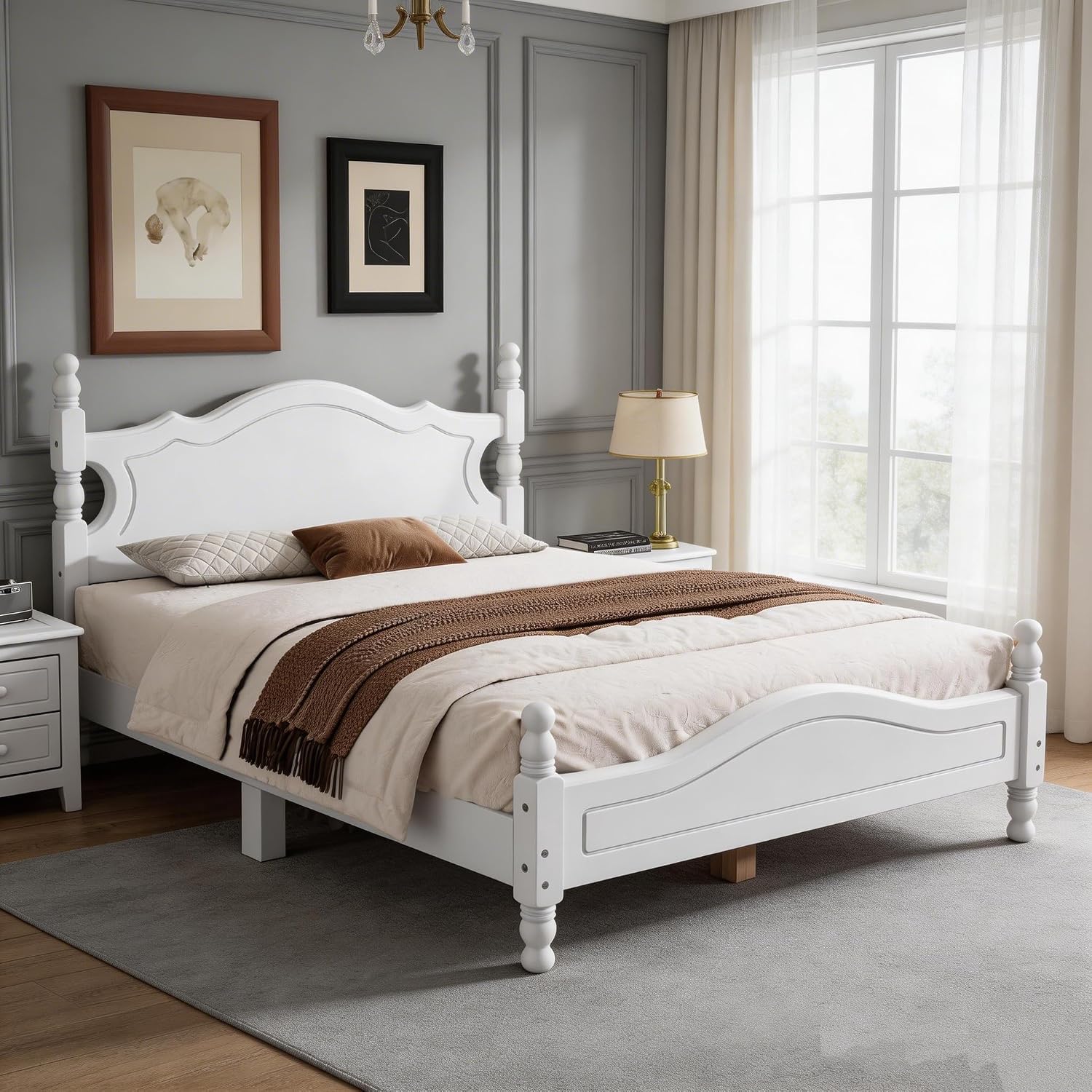LUMISOL Vintage Full Size Spindle Bed Frame with Headboard, Mid-Century Platform Bed with Wood Slat Support for Bedroom, No Box Spring Needed, White