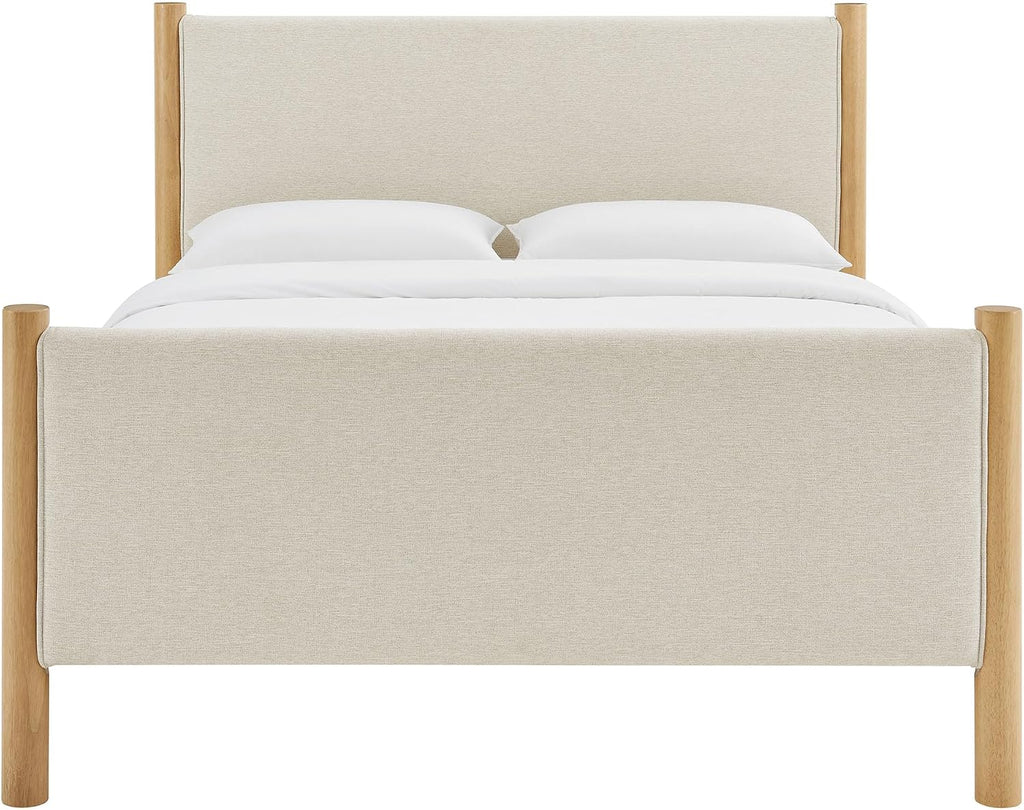 Modway Maven Queen Size Bed Frame in Ivory Oak with Upholstered Fabric Headboard and Footboard – Wood Queen Platform Bed Frame – No Box Spring Needed