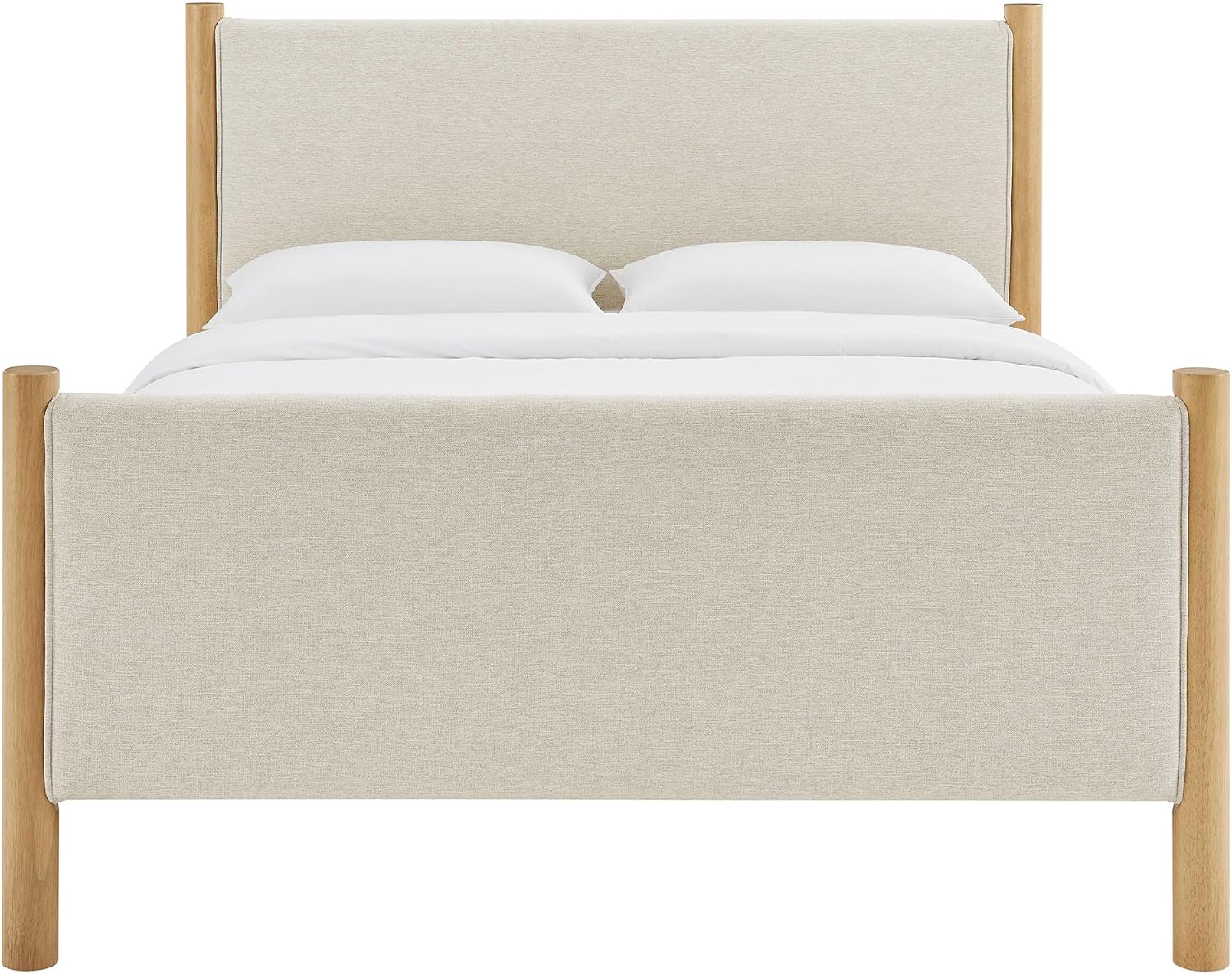 Modway Maven Queen Size Bed Frame in Ivory Oak with Upholstered Fabric Headboard and Footboard – Wood Queen Platform Bed Frame – No Box Spring Needed