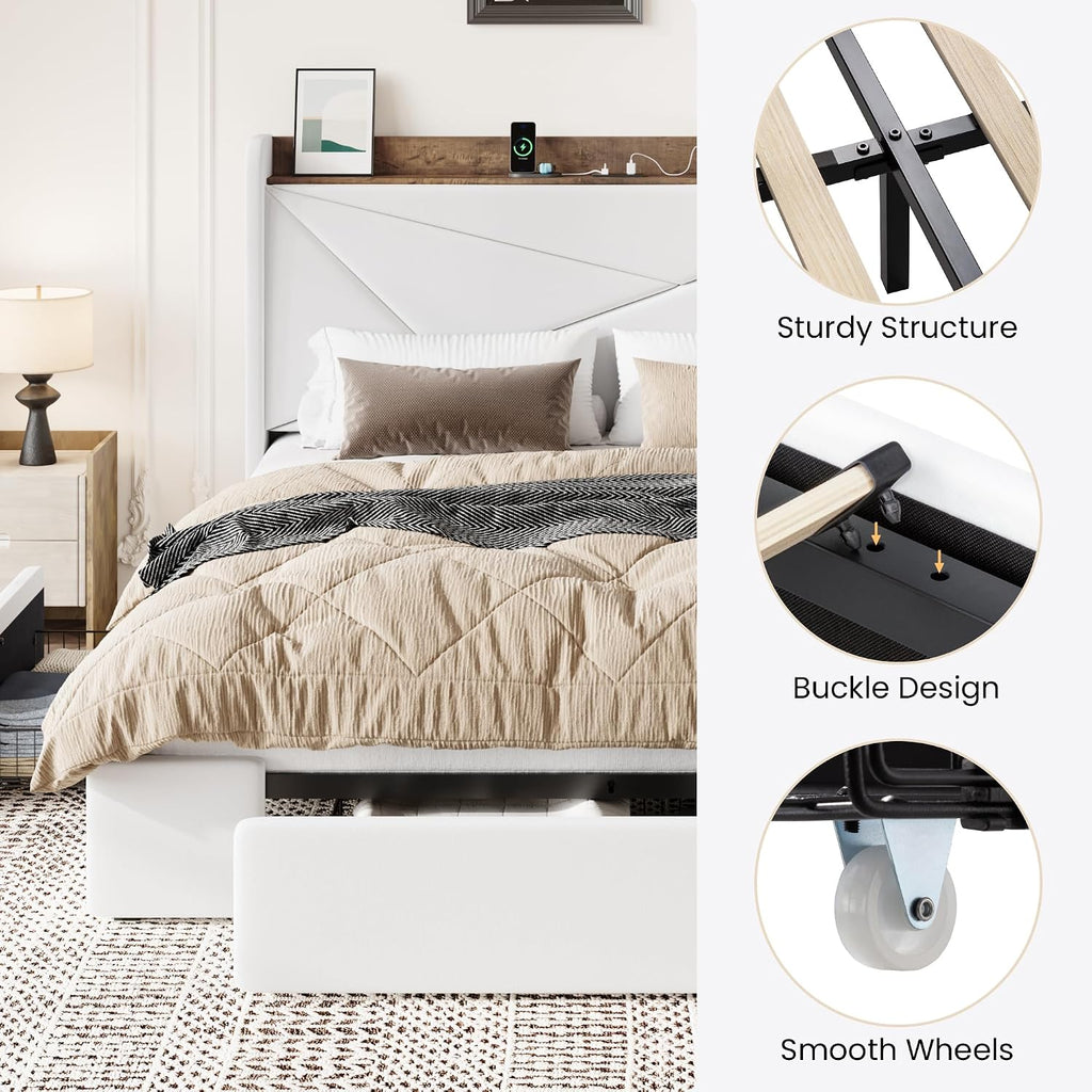 SHA CERLIN Full Size Bed Frame with 3 Drawers, USB & Type-C Charging Ports, Velvet Upholstered Platform Bed with Modern Geometric Wingback Storage Headboard, No Box Spring Needed, Easy Assembly, White