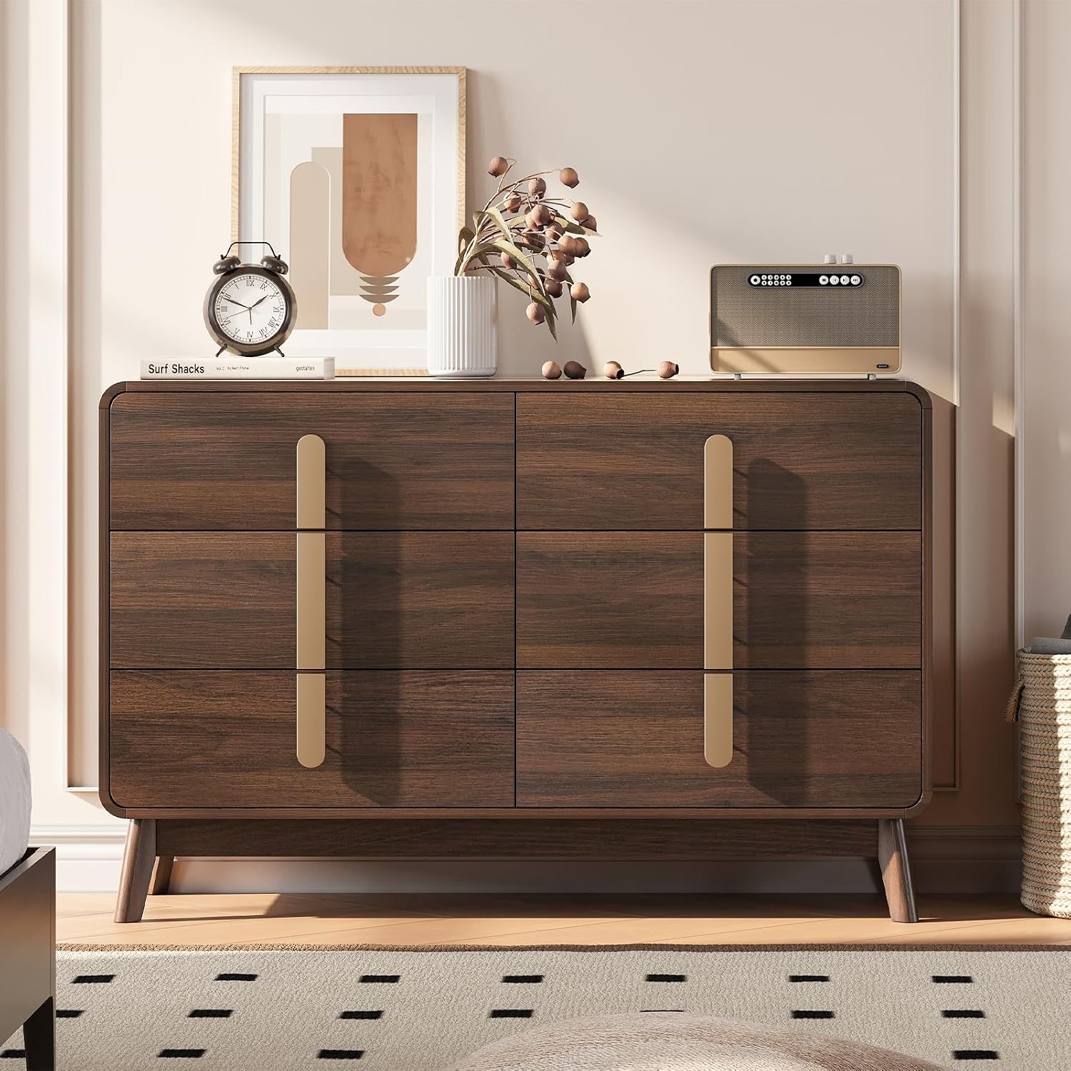 JOINICE Dresser for Bedroom with 6 Drawers,Mid Century Modern Dresser with Storage,47' Wide Chest of Drawers with Metal Handles,Large Wood Drawer Organizer for Bedroom,Living Room,Hallway,Walnut