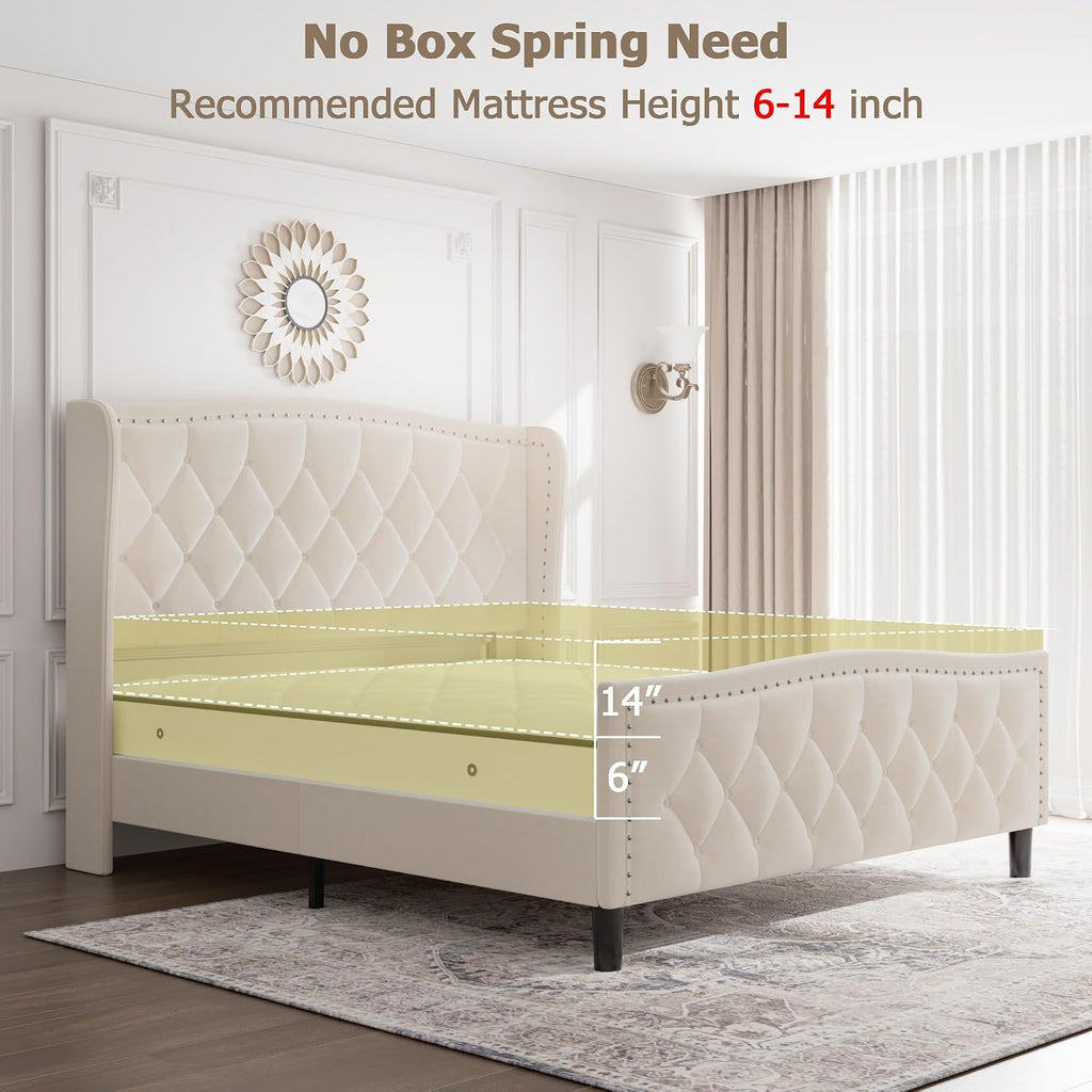GarveeHome Full Size Bed Frame, Velvet Upholstered Full Size Platform Bed with Wingback Headboard, Wooden Slat Support, No Box Spring Needed, Easy Assembly, Beige