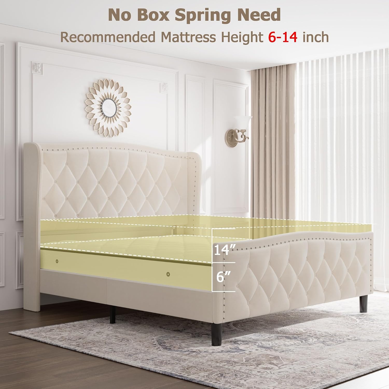 GarveeHome Full Size Bed Frame, Velvet Upholstered Full Size Platform Bed with Wingback Headboard, Wooden Slat Support, No Box Spring Needed, Easy Assembly, Beige