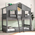 Polibi House Bunk Bed, Twin Over Twin with Roof, Window & Door, 2 Small Window Box Shelves,Safety Guardrails & Ladder, Low-Height Kids Playhouse Bed,Grey