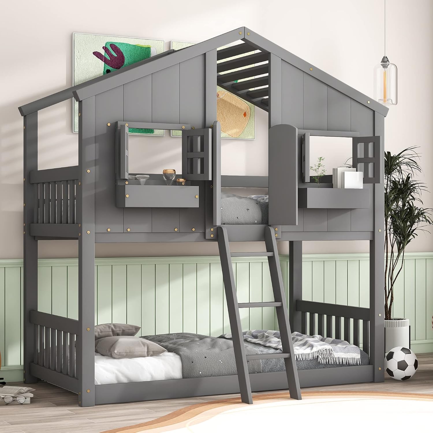 Polibi House Bunk Bed, Twin Over Twin with Roof, Window & Door, 2 Small Window Box Shelves,Safety Guardrails & Ladder, Low-Height Kids Playhouse Bed,Grey