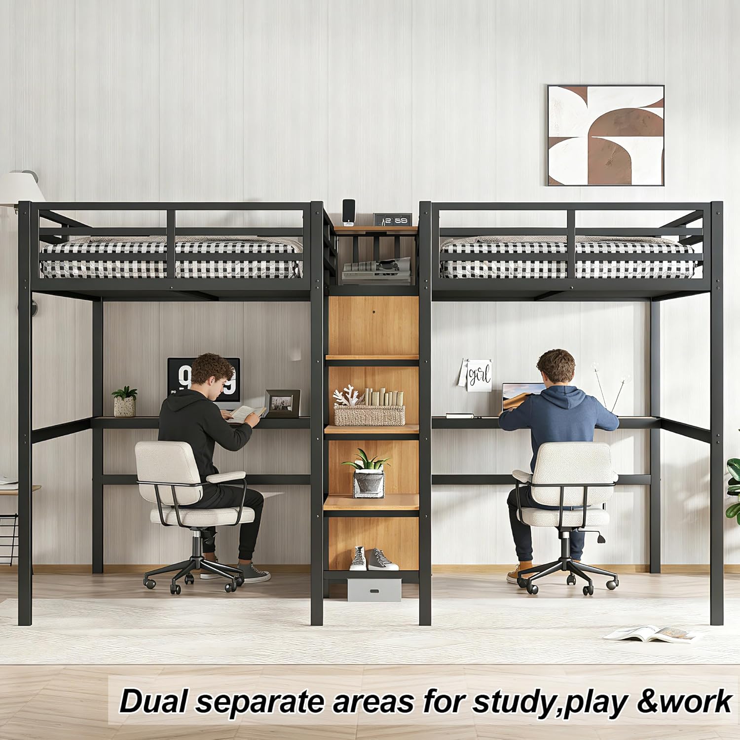 Bellemave Twin Over Twin Metal Loft Bed with Desk and Wardrobe for 2 Kids,Twin Size Heavy Duty Double Loft Bed Frame with Charging Station and Shelves for Boys,Girls,Adults,Woodgrain
