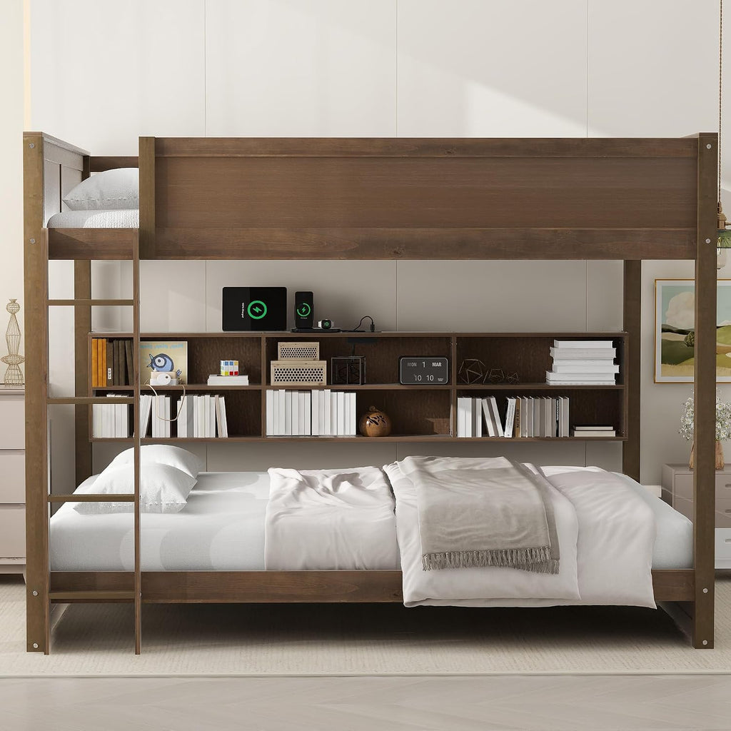 Queen Over Queen Bunk Bed with Built-in Shelves and USB Ports, Solid Wood Bunk Bed Frame with Safety Guardrail, for Kids Boys Girls Bedroom, No Box Spring Needed (Antique Wood Color)