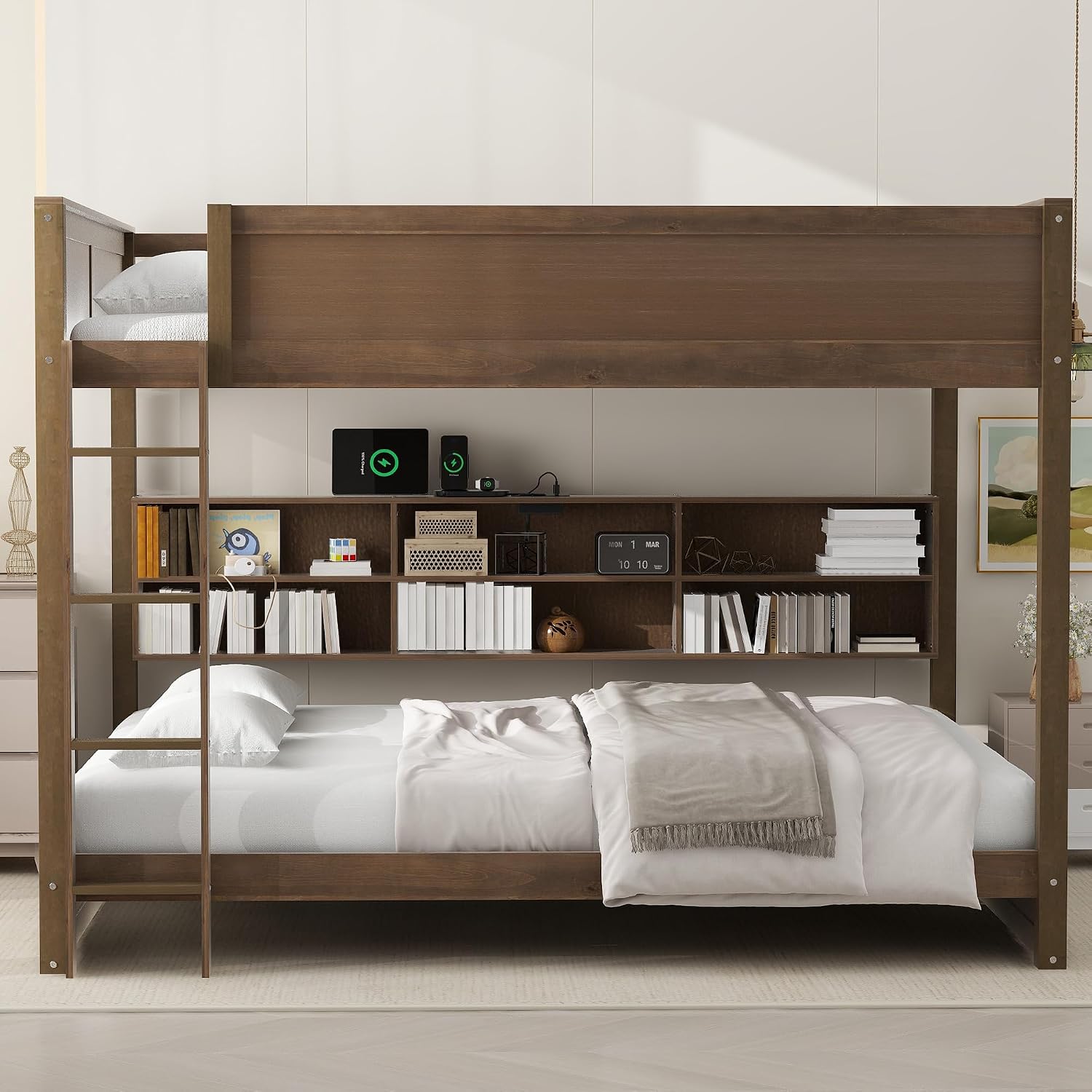 Queen Over Queen Bunk Bed with Built-in Shelves and USB Ports, Solid Wood Bunk Bed Frame with Safety Guardrail, for Kids Boys Girls Bedroom, No Box Spring Needed (Antique Wood Color)