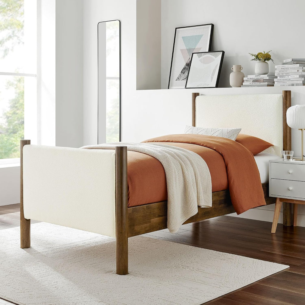 Modway Maven Twin Size Bed Frame in Feather Walnut with Upholstered Boucle Headboard and Footboard – Wood Twin Platform Bed Frame – No Box Spring Needed