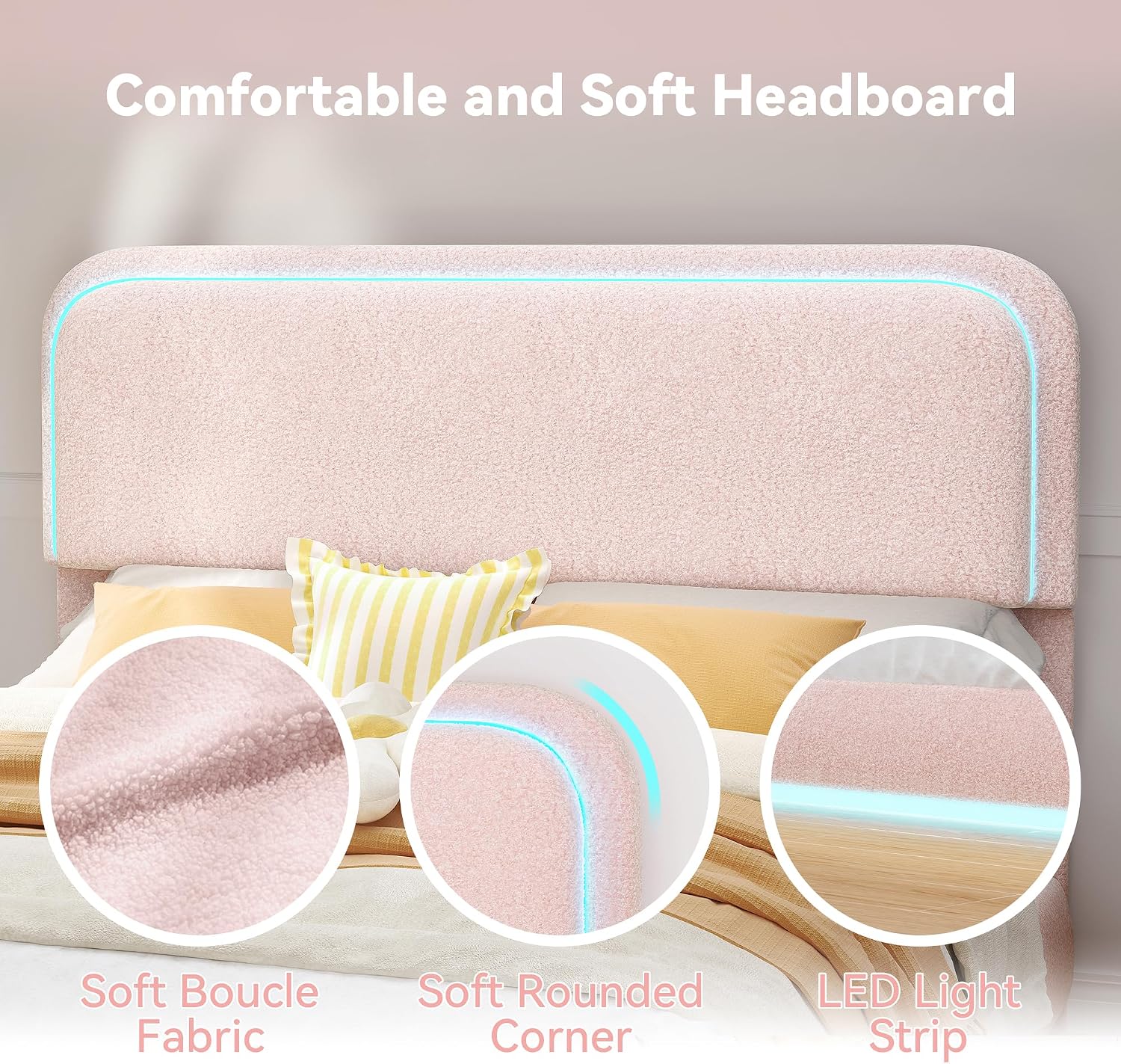 Torana Queen LED Bed Frame with Headboard and Footboard, Curved Shaped Cloud Marshmallow Upholstered Beds, Teddy Fleece Bedframe with Soft Rounded Corners and Strong Slats Support, Pink