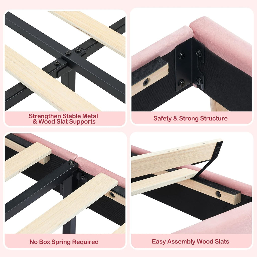 IDEALHOUSE 2PCS Twin Bed Frames, Upholstered Platform Bed Frame with Bookcase Headboard, Velvet Platform Bed Mattress Foundation, Heavy Duty Steel Support Legs, Easy Assembly, Noise Free, Light Pink