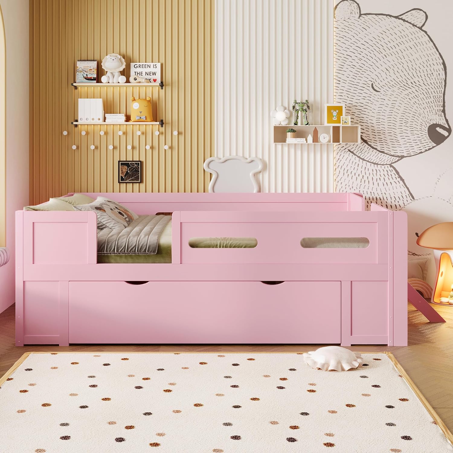 VilroCaz Modern Full Size Platform Bed with Guardrail and Large Drawer, Wood Kids Platform Bed Frame with Two-Step Ladder for Boys Girls, Sturdy Slats Support (Pink-1.12F)