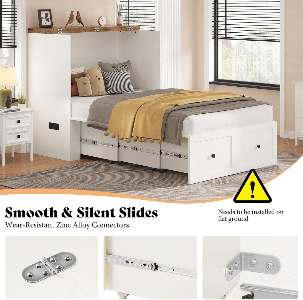 AMERLIFE Twin Murphy Bed Cabinet with Charging Station and Storage Drawer, Farmhouse Foldable Platform Bed for Home Office, Apartment, Small Spaces, Distressed White