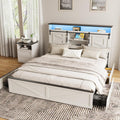 Fameill Farmhouse King Size Bed Frame with 4 Drawers and Bookcase Headboard, Sliding Barn Door Storage Shelves, LED Lights and Charging Station, No Box Spring Needed, Antique White