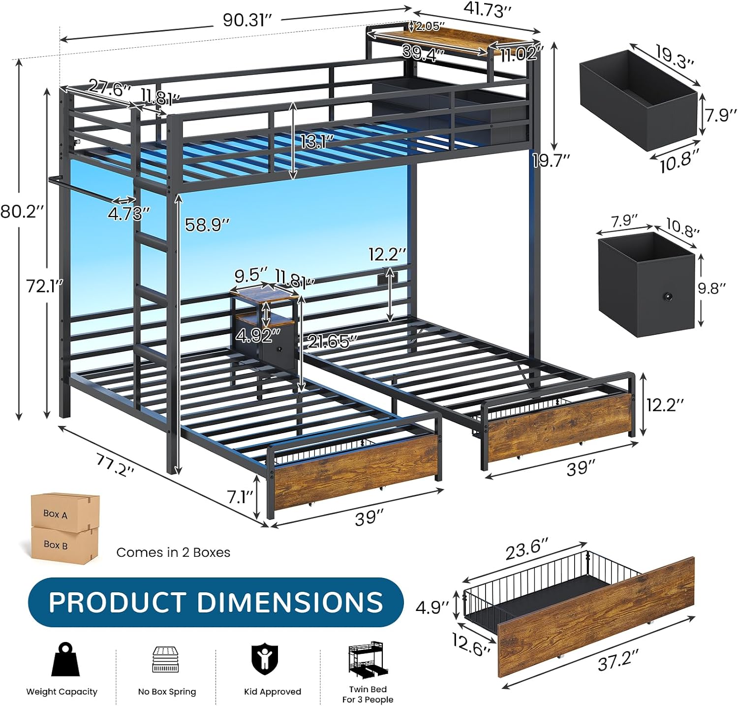 Triple Bunk Bed with Storage Drawers and Bedside Shelf, Twin Over Twin Bunk Bed for Kids/Teens with LED Lights and Charging Station, Heavy Duty Metal Bunk Beds with Safety Guardrail and Ladder, Black