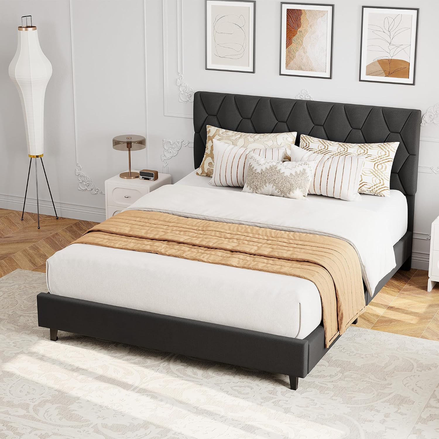 GAOMON Grey Queen Bed Frame with Upholstered Headboard, Heavy-Duty Platform Bed Frame with Strong Wood Slats, No Box Spring Needed/Easy Assembly/Noise Free