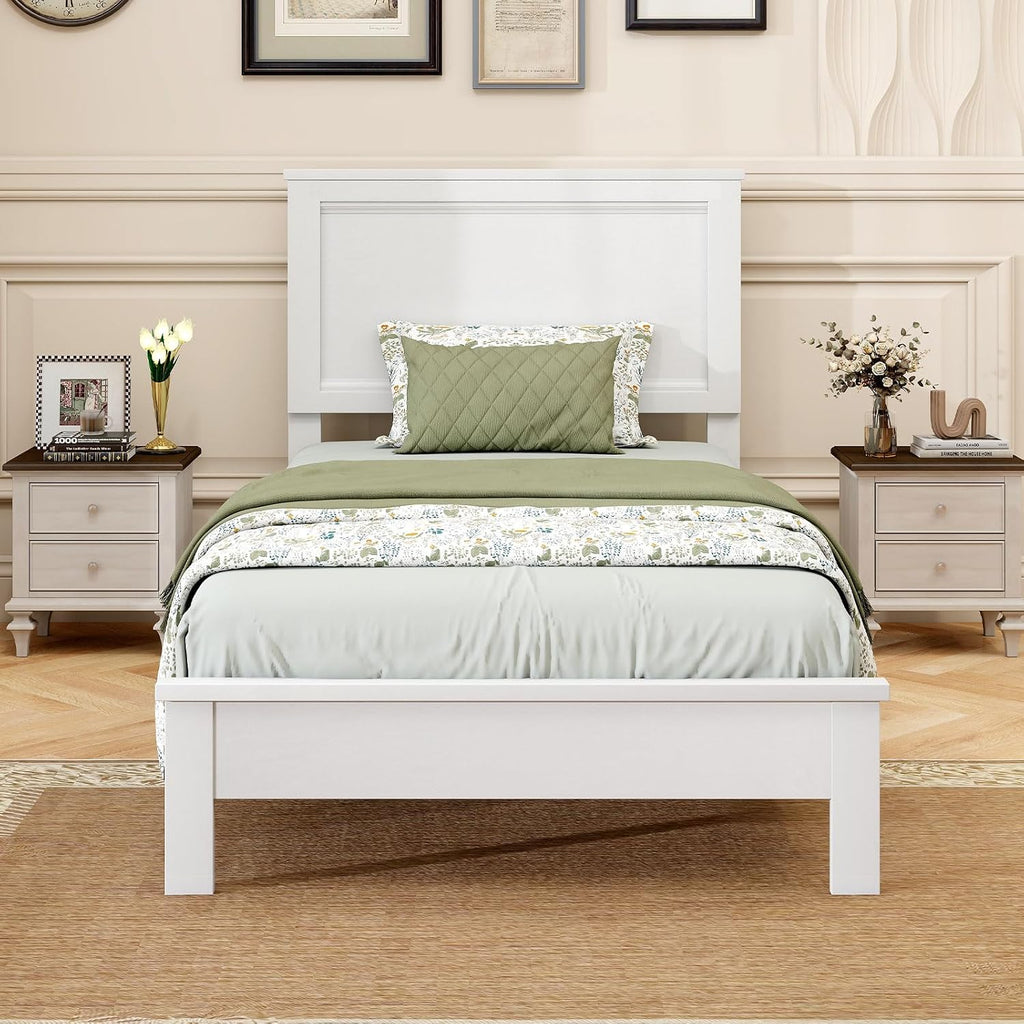 GOFLAME Twin Size Wood Bed Frame, Mid-Century Modern Platform Bed with Headboard, Solid Wood Legs, Mattress Foundation with 12 Wooden Slats, No Box Spring Needed, White