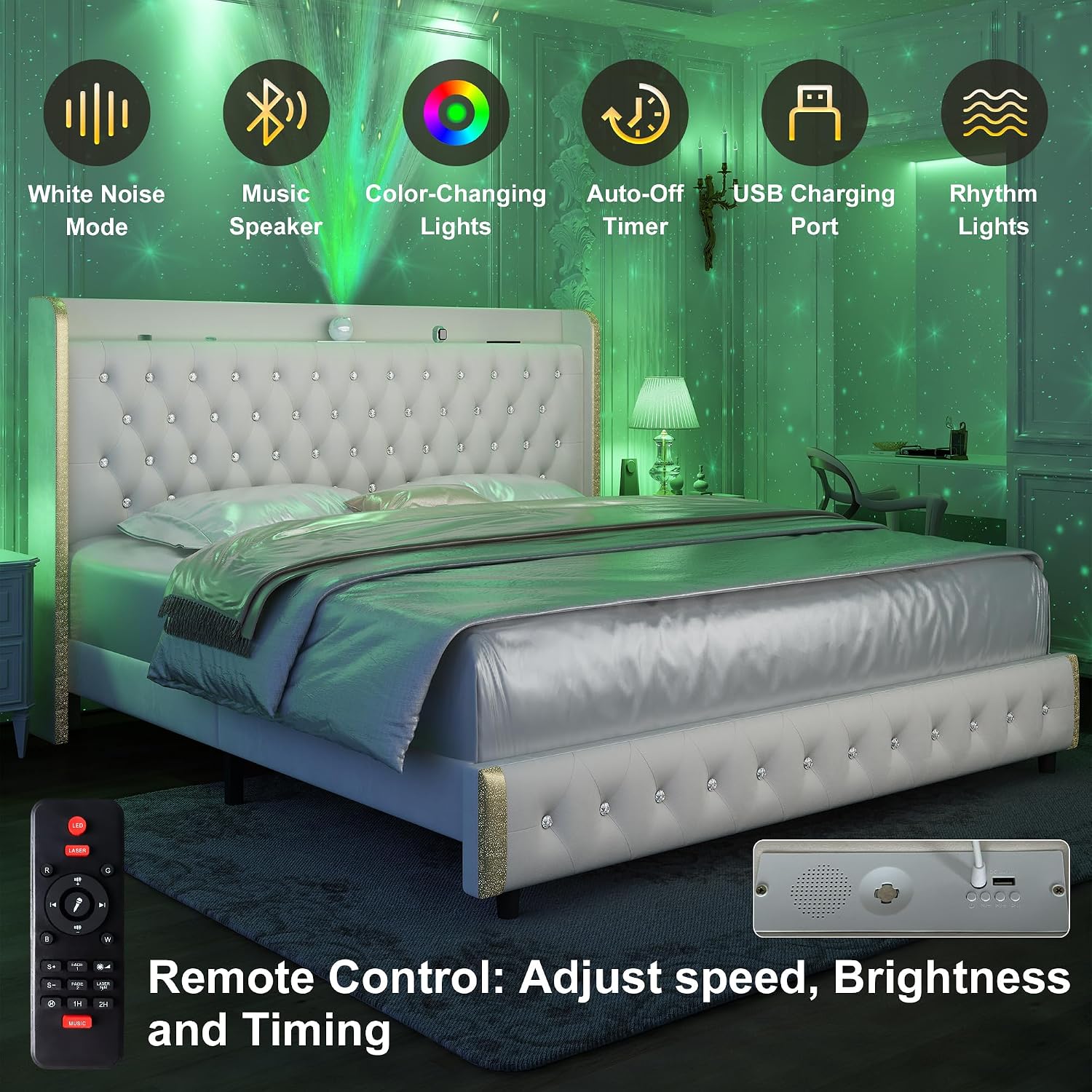 Queen Bed Frame with LED Lights and Galaxy Projecton, Upholstered Wingback Platform Bed, No Box Spring Needed, Sturdy Noiseless Modern Headboard with Starry Accents, Easy Assembly, Velvet Cream