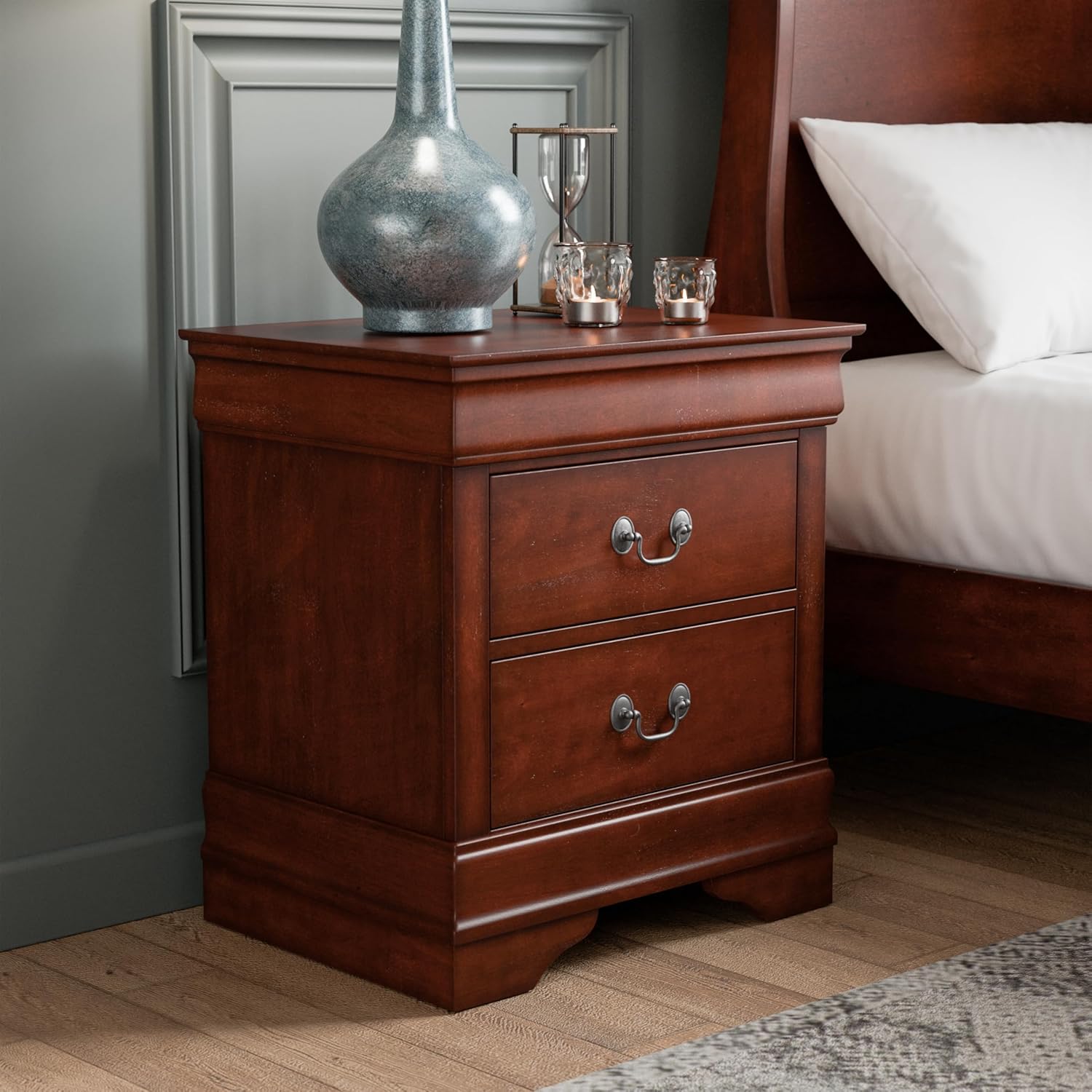 Furniture of America Arabella Traditional Solid Wood 3 Piece Bedroom Set, Full Bed Frame and Nightstands Set of 2, Chic Sleigh Design Bedframe with Headboard and Footboard, Box Spring Needed, Cherry