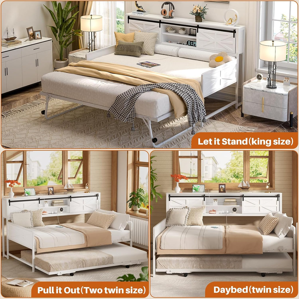 Homieasy Farmhouse Twin Daybed with Pop-Up Trundle, Metal Trundle Bed Frame with Bookcase Headboard, Charging Station & Barn Door Storage for Bedroom & Guest Room, White