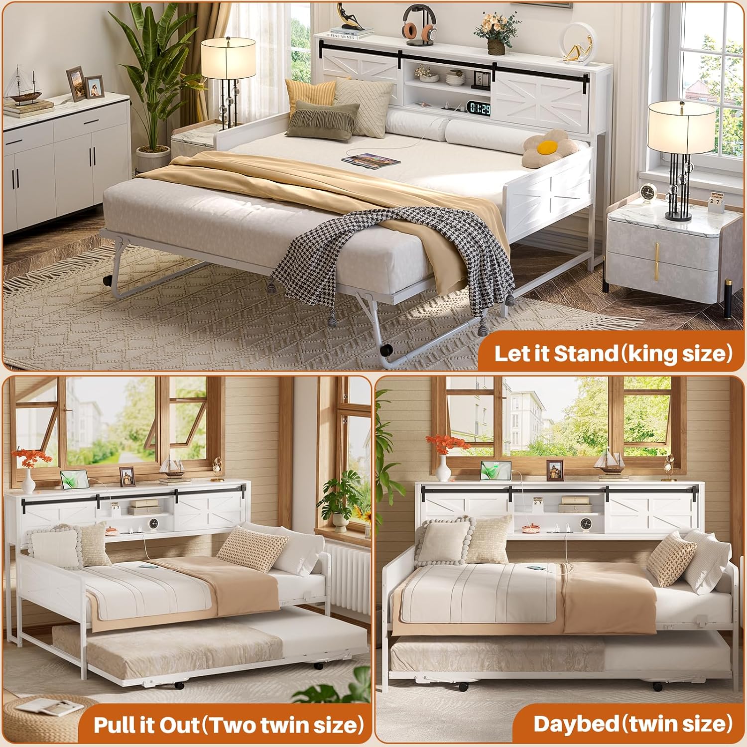 Homieasy Farmhouse Twin Daybed with Pop-Up Trundle, Metal Trundle Bed Frame with Bookcase Headboard, Charging Station & Barn Door Storage for Bedroom & Guest Room, White