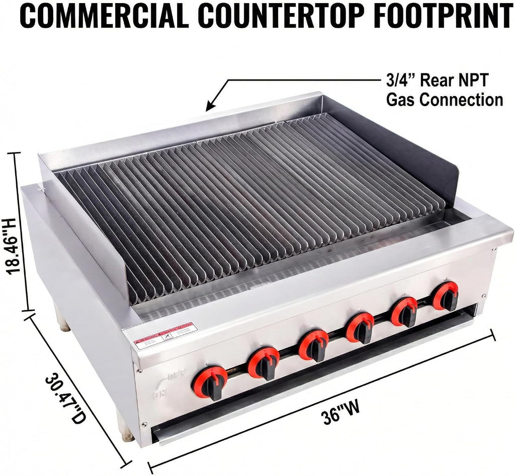 Commercial Gas Charbroiler, 36' 6-Burner 120,000 BTU Heavy-Duty Countertop Grill with Radiant Burners, ETL Certified, for Restaurants & Commercial Kitchens