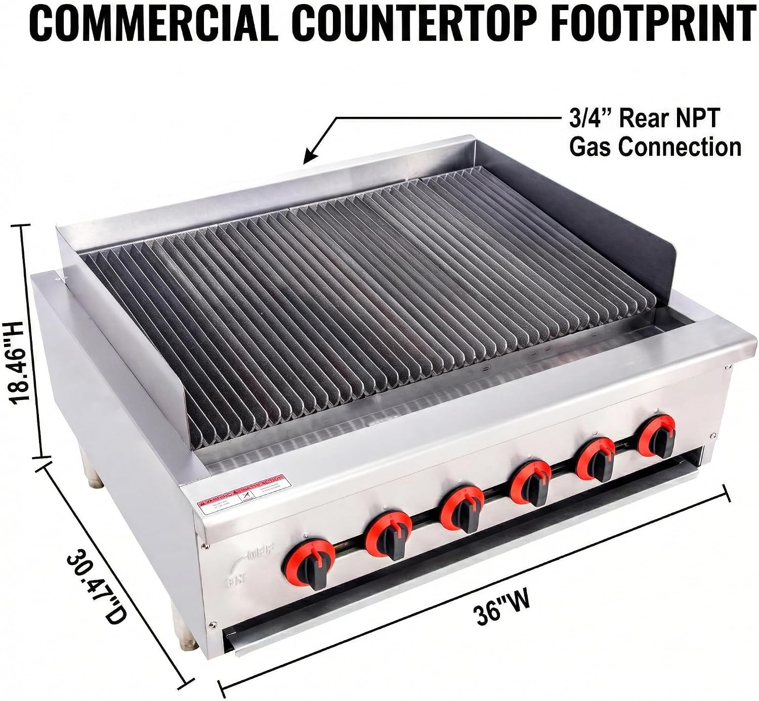 Commercial Gas Charbroiler, 36' 6-Burner 120,000 BTU Heavy-Duty Countertop Grill with Radiant Burners, ETL Certified, for Restaurants & Commercial Kitchens