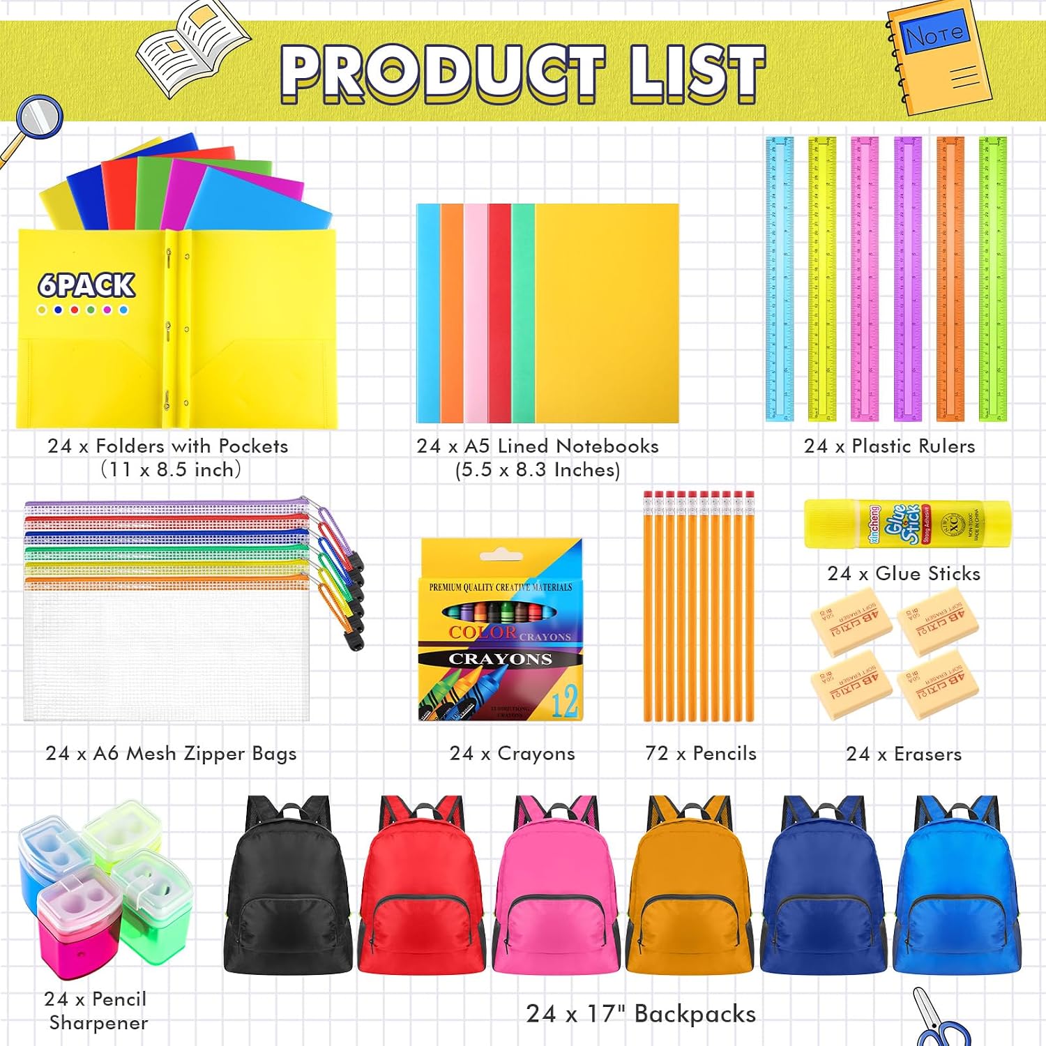 Affrolling 24 Sets Bulk Backpacks with Supplies Donations Kit Essentials Wholesale Backpack Assorted Styles(Bright)