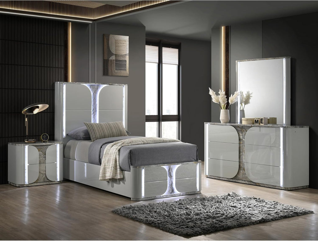 Furniture of America Bruna Modern Wood 4-Piece Bedroom Set with Touch-Control LED Bed, Felt-Lined Top Drawer and LED on Nightstand and Dresser with Mirror, No Box Spring Needed, Twin, Light Gray