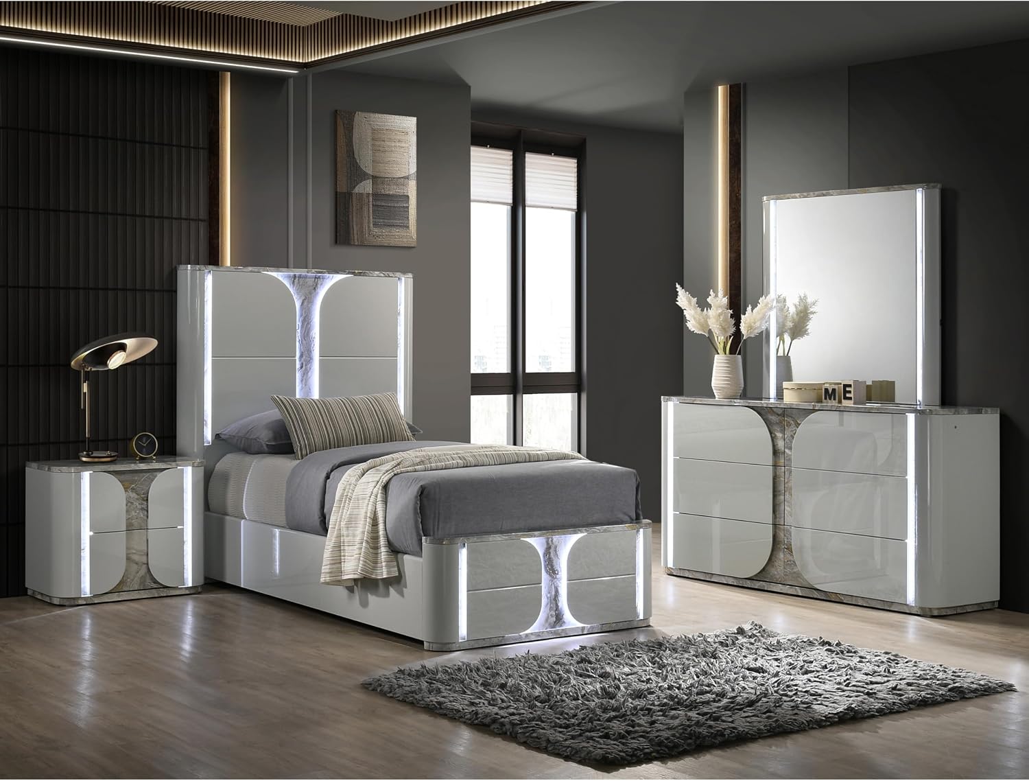 Furniture of America Bruna Modern Wood 4-Piece Bedroom Set with Touch-Control LED Bed, Felt-Lined Top Drawer and LED on Nightstand and Dresser with Mirror, No Box Spring Needed, Twin, Light Gray