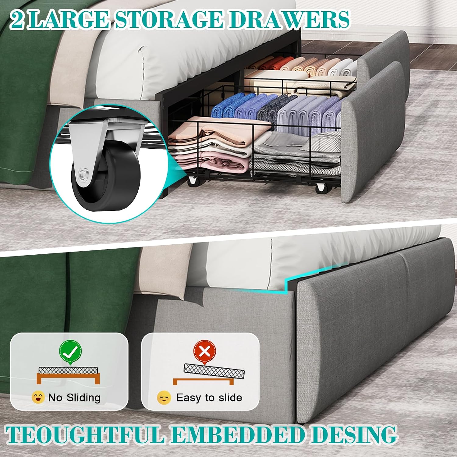 Queen Bed Frame with 2 Storage Drawers, Platform Bed Frame Queen Size with LED Light, Upholstered Headboard, Charging Station, Steel Slat Support, No Box Spring Needed, Noise-Free, Easy Assembly, Gray
