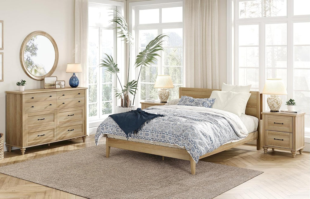 WAMPAT 3 Piece Bedroom Set - Includes 8 Drawer Dresser for Bedroom, Set of 2 Nightstands with Charging Station & Drawers, 3 Piece Dresser and Nightstand Sets, Oak