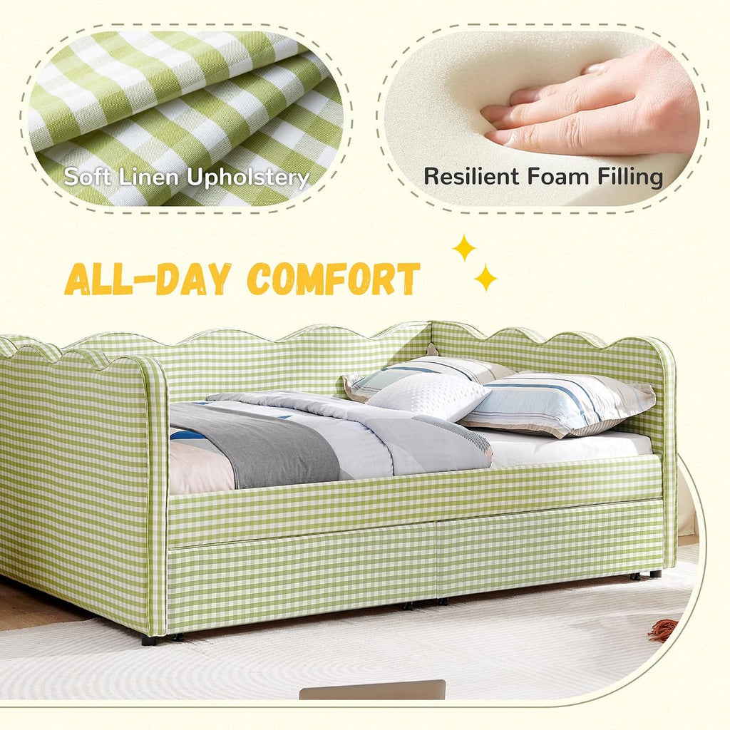 DEINPPA Full Size Upholstered Daybed with 2 Storage Drawers, Gingham Daybed with USB Ports for Bedroom Living Room Guest Room-Green