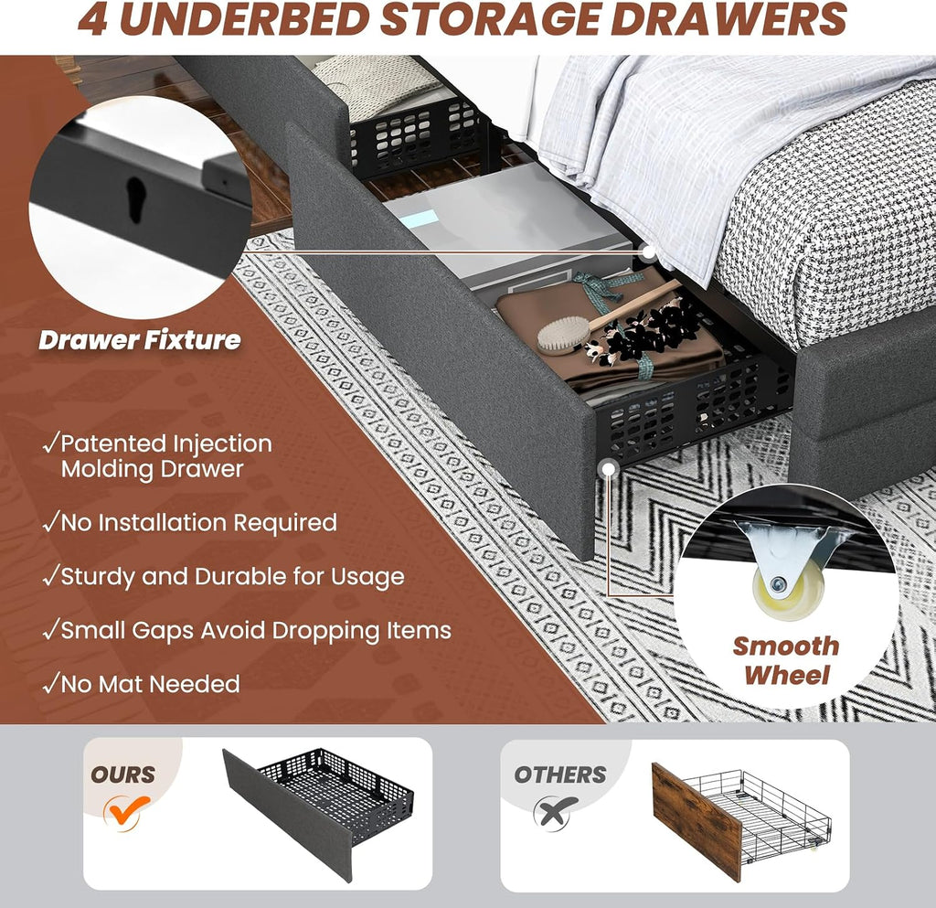 Giantex Twin Bed Frame with LED Lights and 4 Drawers, Upholstered Platform Bed Frame with USB Ports, Tufted Adjustable Headboard Design, Solid Wooden Slat Support, No Box Spring Needed