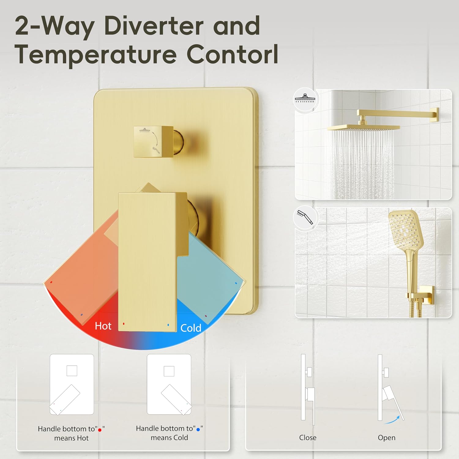 Gabrylly Shower System Gold, Wall Mounted Shower Faucet Set for Bathroom with High Pressure 10' Rain Shower head and 3-Setting Handheld Shower Head Set, 2 Way Shower Valve Kit, Brushed Gold