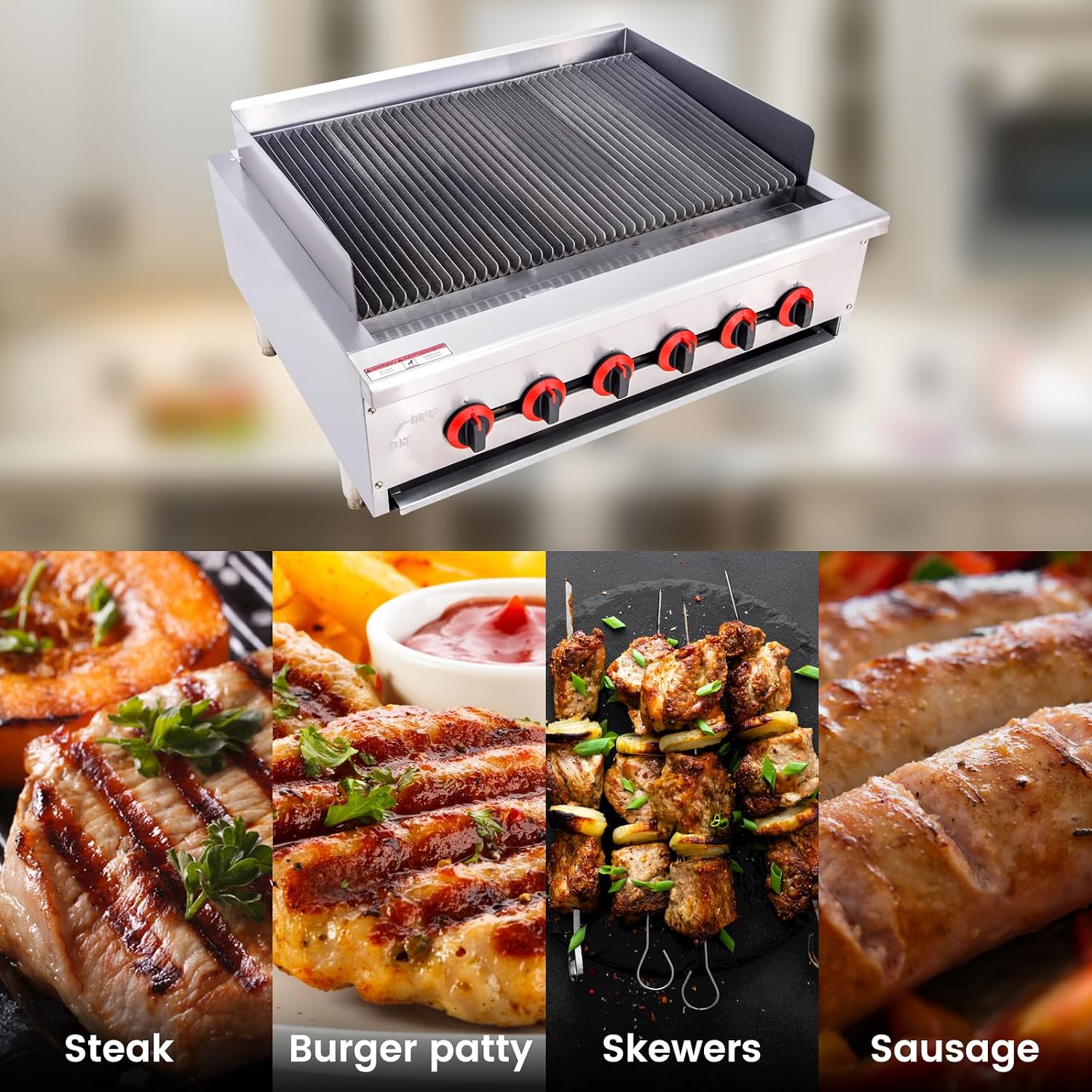 Commercial Gas Charbroiler, 36' 6-Burner 120,000 BTU Heavy-Duty Countertop Grill with Radiant Burners, ETL Certified, for Restaurants & Commercial Kitchens