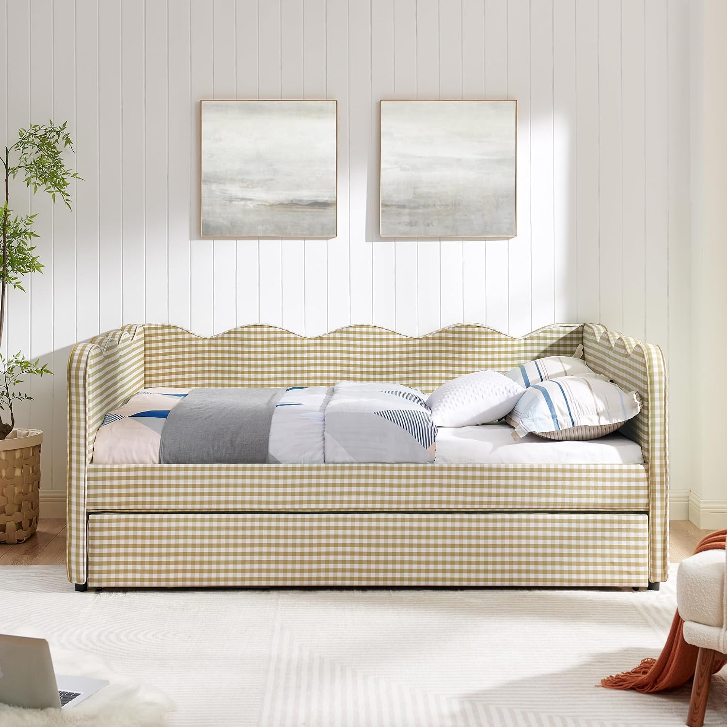 DEINPPA Full Size Upholstered Daybed with Trundle, Gingham Daybed with USB Ports for Bedroom Living Room Guest Room-Brown
