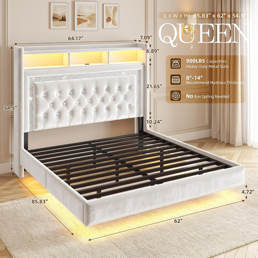 Homkdom Floating Bed Frame Queen with LED Lights & Charging Station, Upholstered Queen Bed Frame with Tall Velvet Storage Headboard, Heavy Duty Metal Slats/No Box Spring Needed/No Noise, Modern,Beige