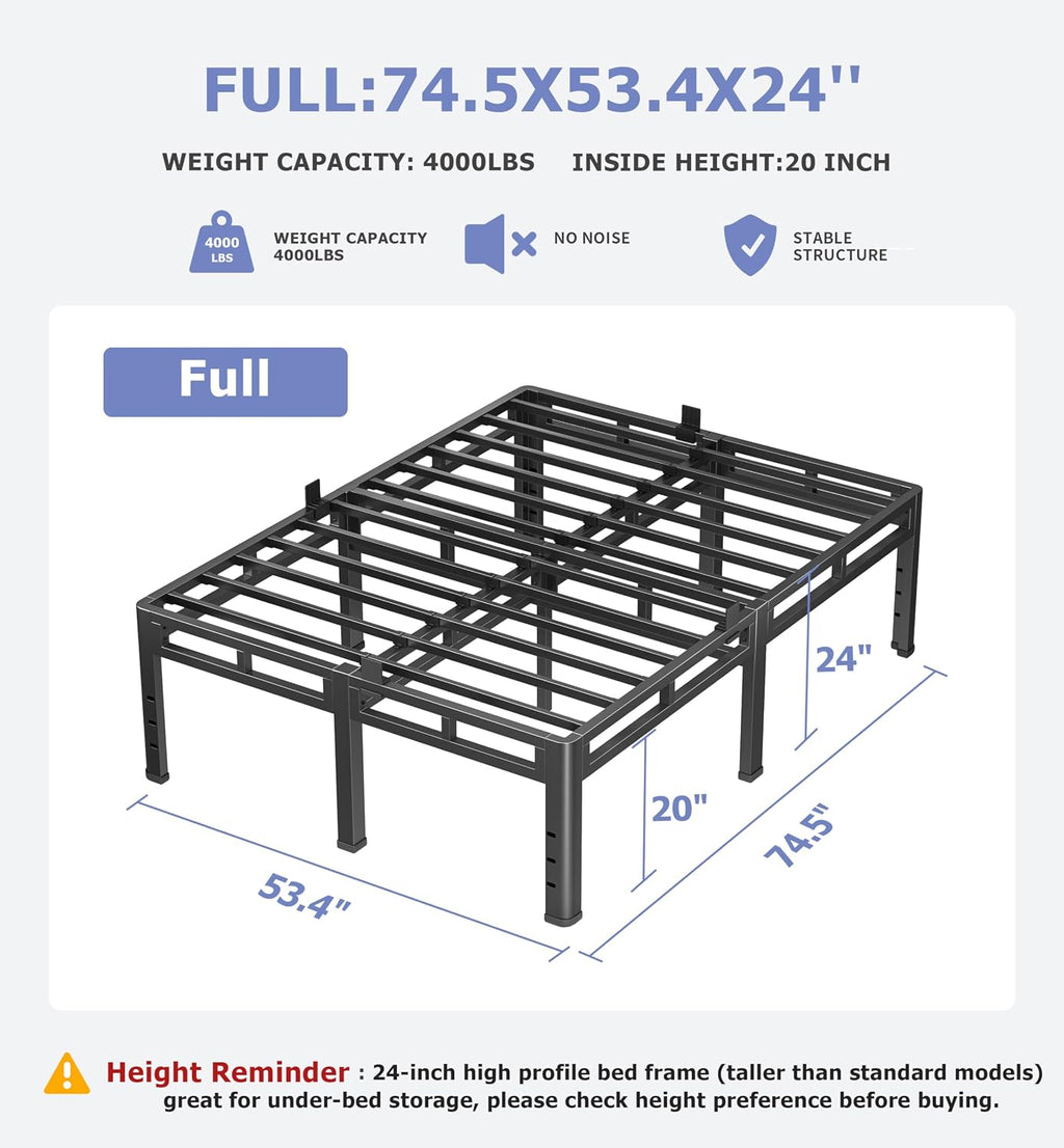 NKZ 24 Inch Full Size Bed Frame, Metal Bed Frame & Box Spring 2 in 1 Platform with Round Corner Legs, 4000Lbs Heavy Duty Metal Frame, Mattress Slide Stopper, Headboard Hole, Noise-Free, Easy Assembly